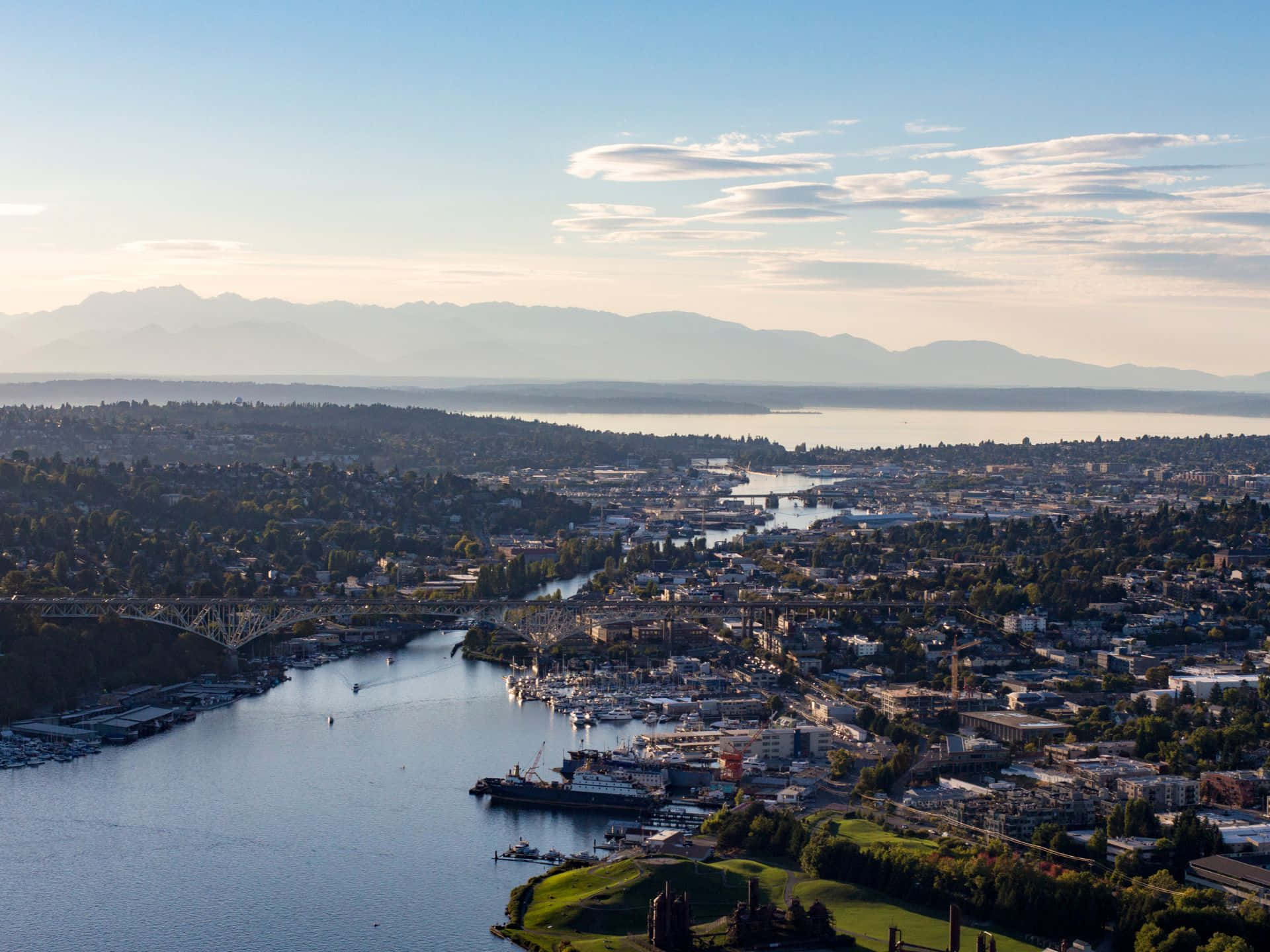 Ballard Locks, coastal city, winding river, Full HD Desktop Wallpaper