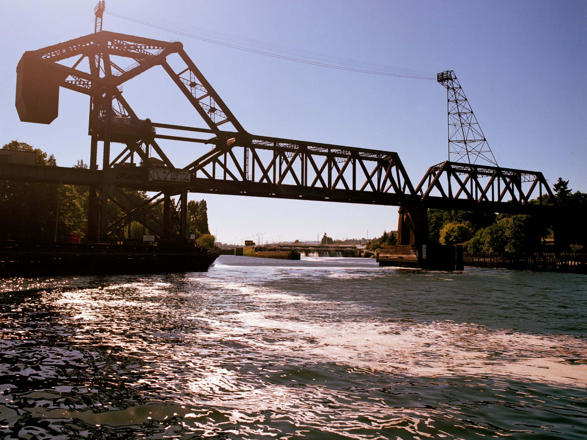Ballard Locks, railroad bridge, sunset, Full HD Desktop Wallpaper