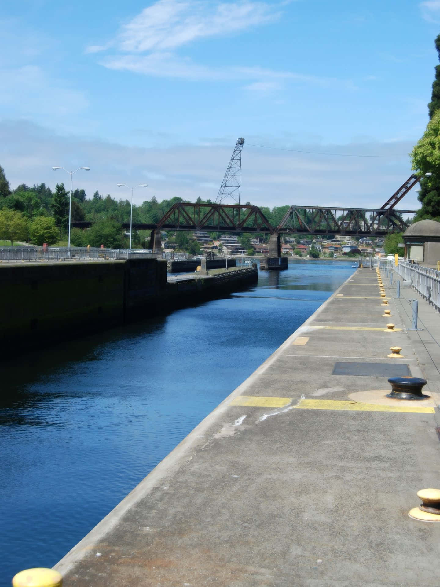 Ballard Locks, sunny day view, calm blue water, Full HD Phone Wallpaper