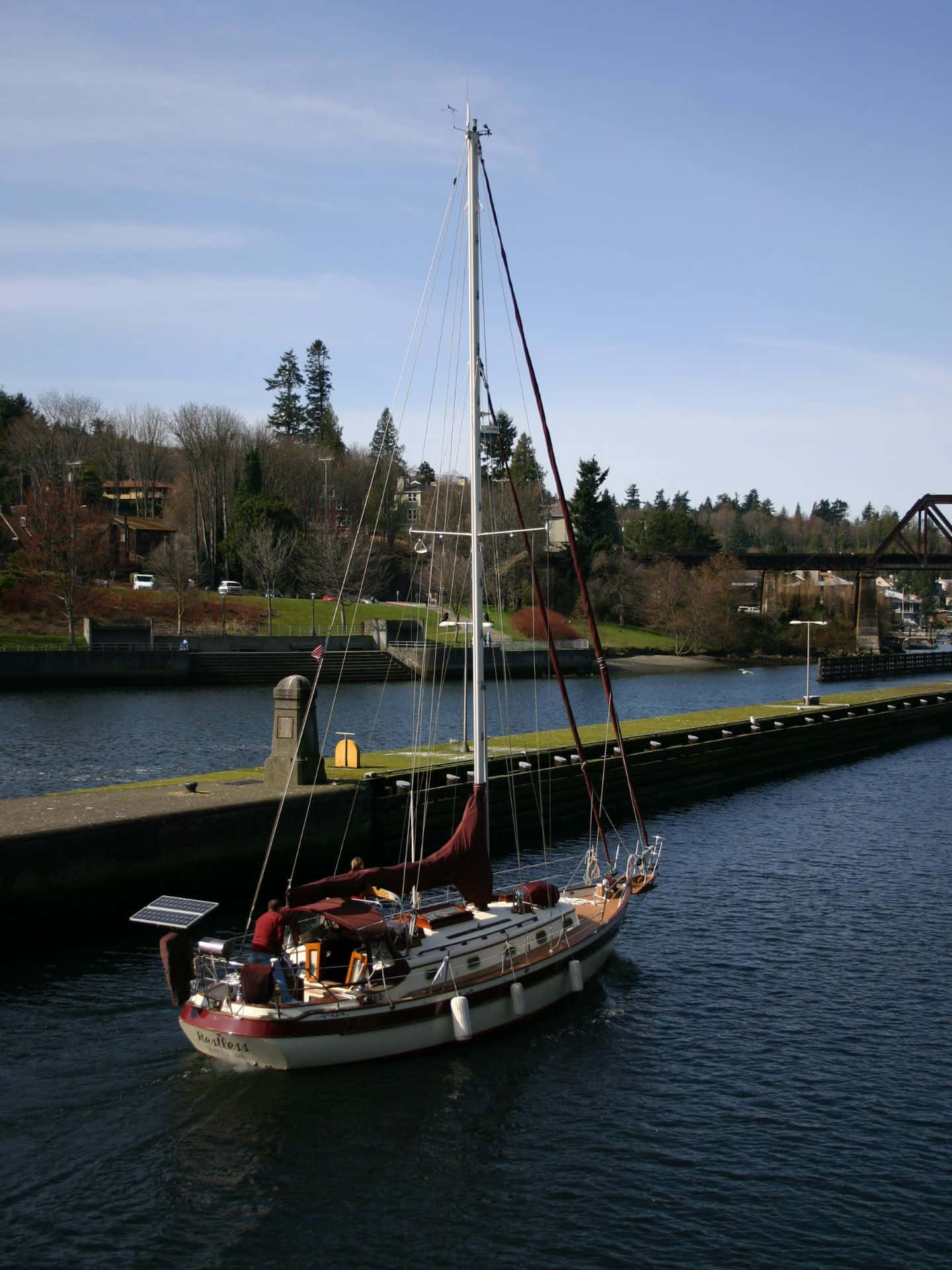 sailboat, red sails, canal lock, Full HD Phone Wallpaper