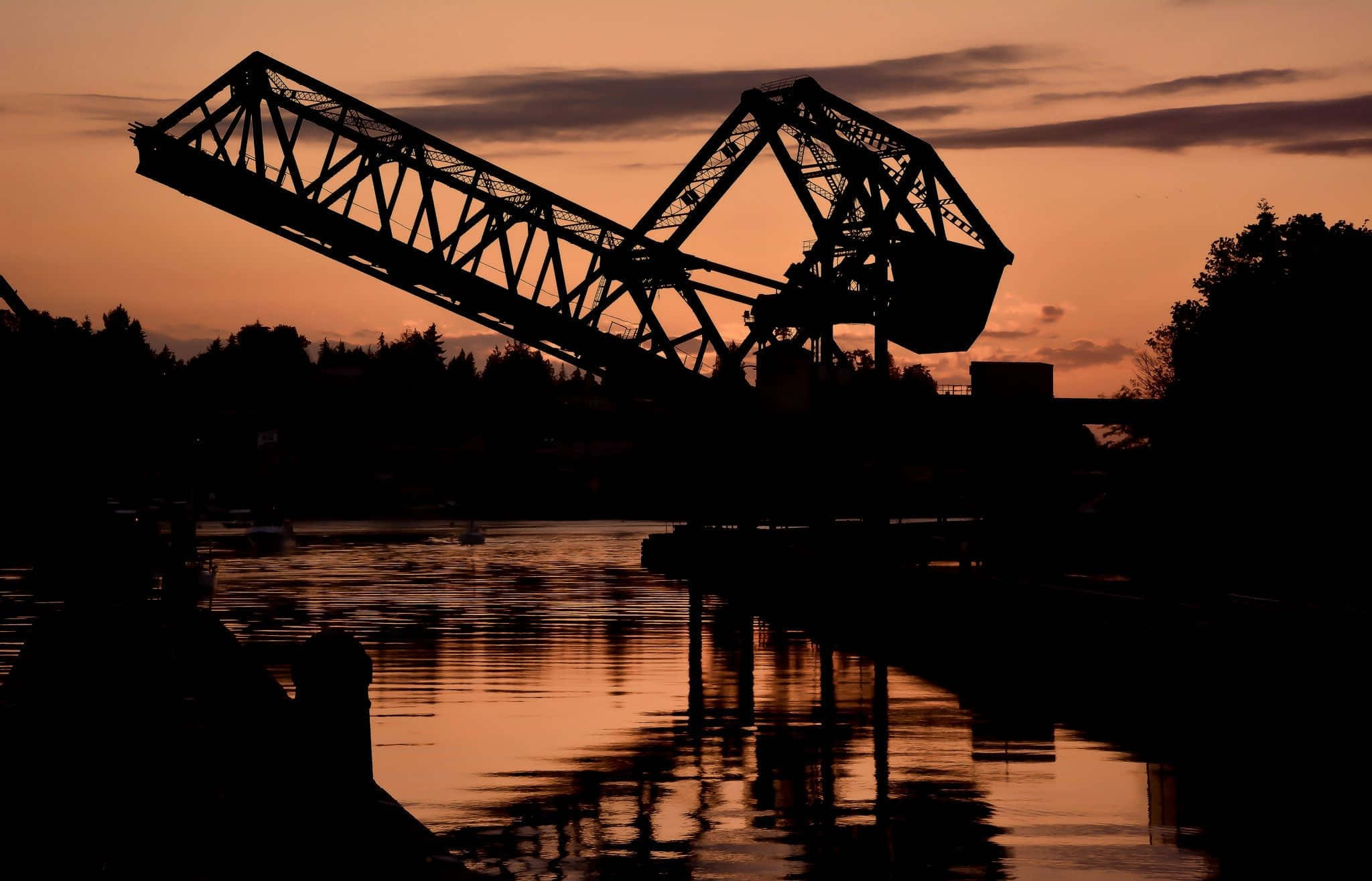 Ballard Locks, bridge, sunset, Full HD Desktop Wallpaper