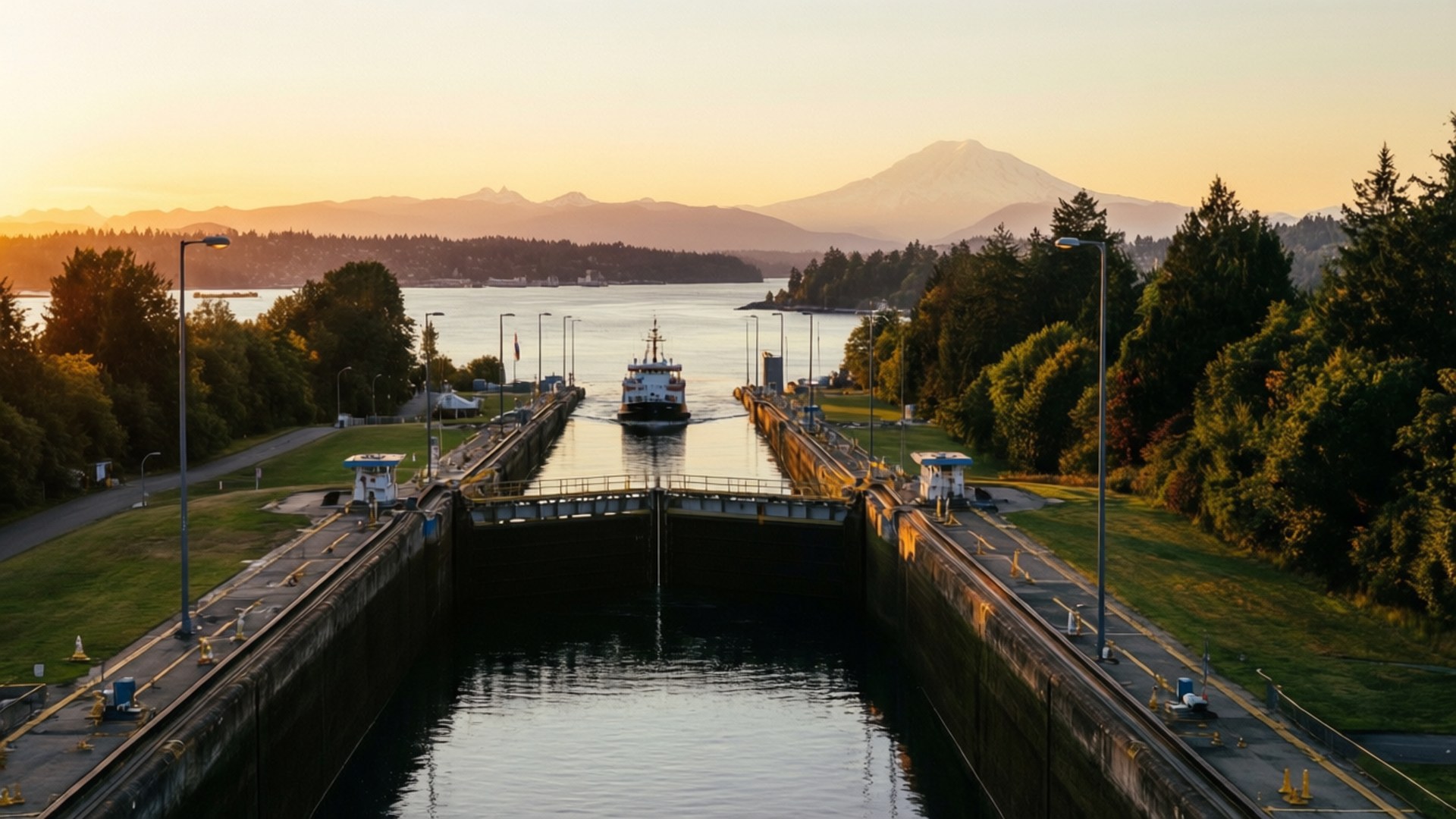 Golden Hour at the Locks, Ballard Locks, sunset, Full HD Desktop Wallpaper