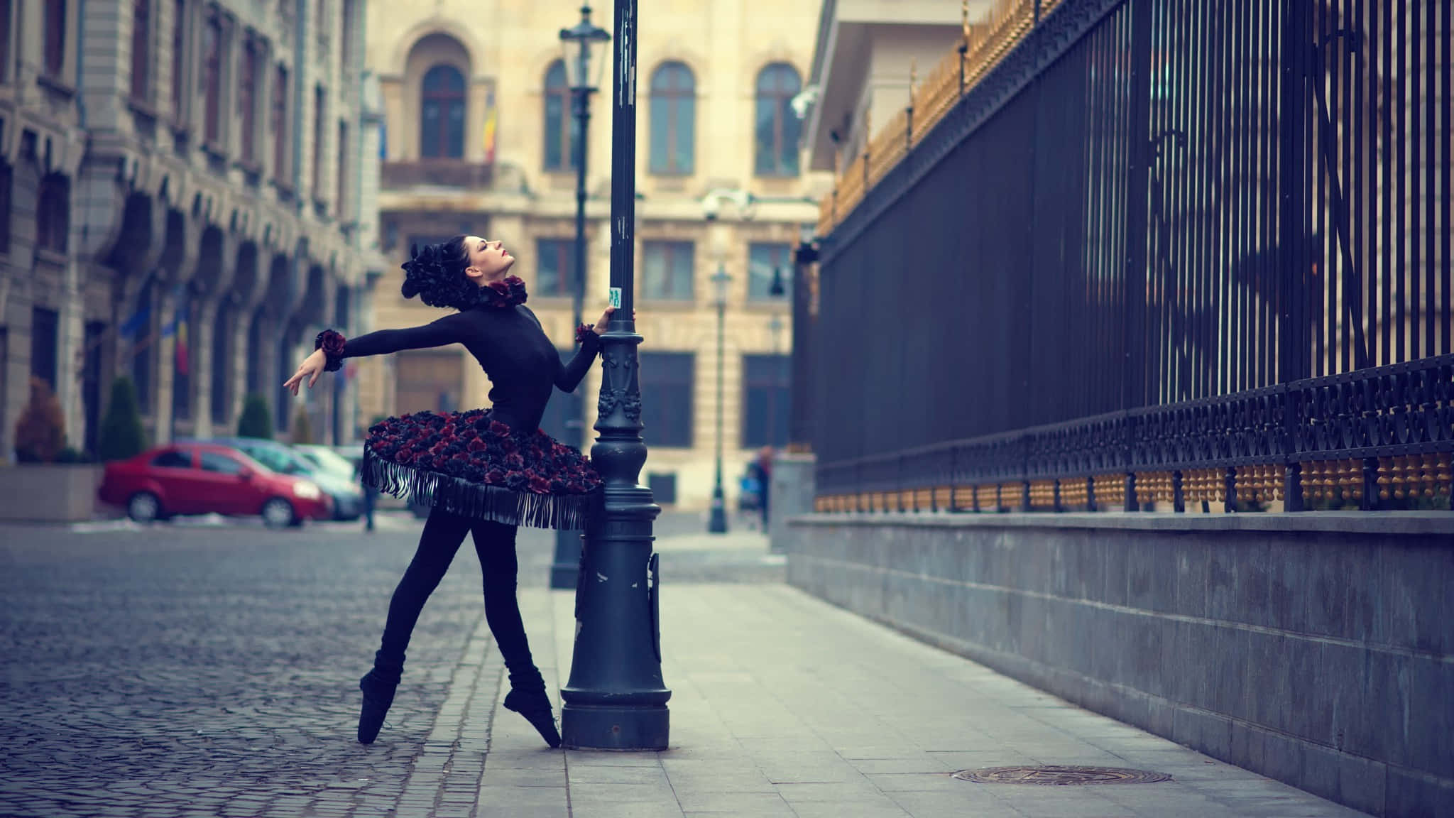 ballerina, black floral tutu, lamppost, Full HD Desktop Wallpaper