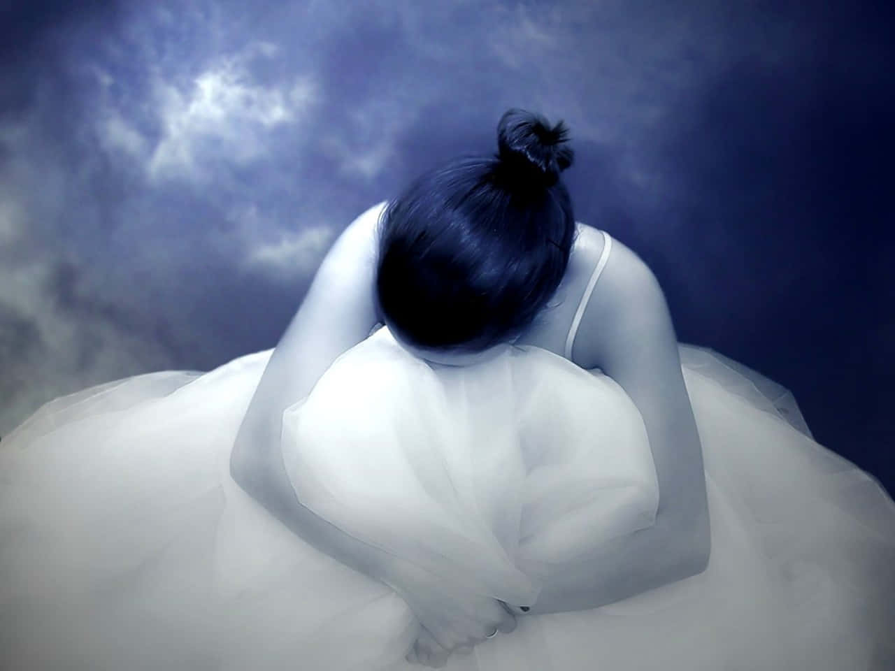 Ballerina, white gown, moody blue cloudy sky, HD Desktop Wallpaper