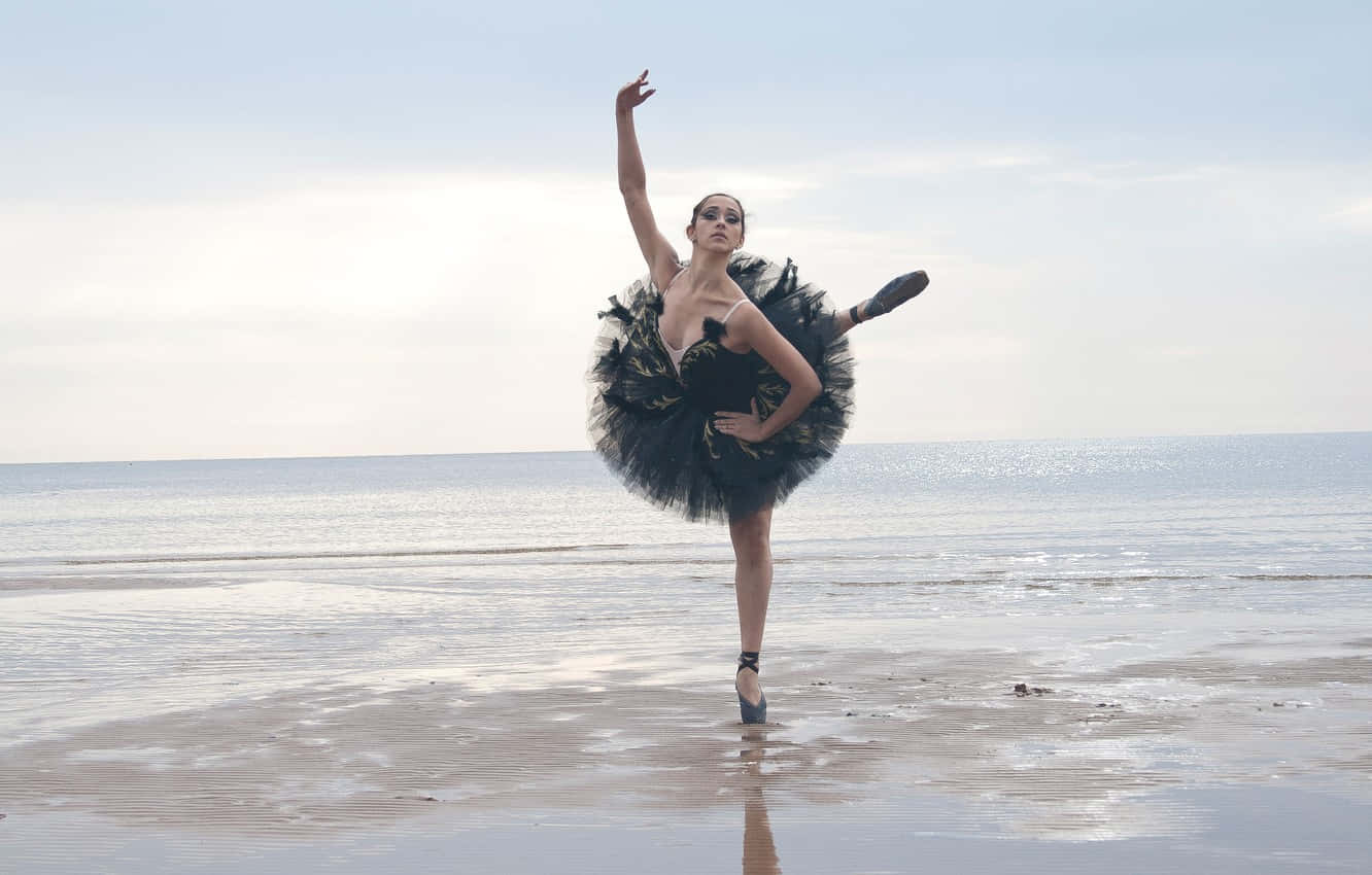elegant ballerina, black tutu, wet sandy beach, HD Desktop Wallpaper