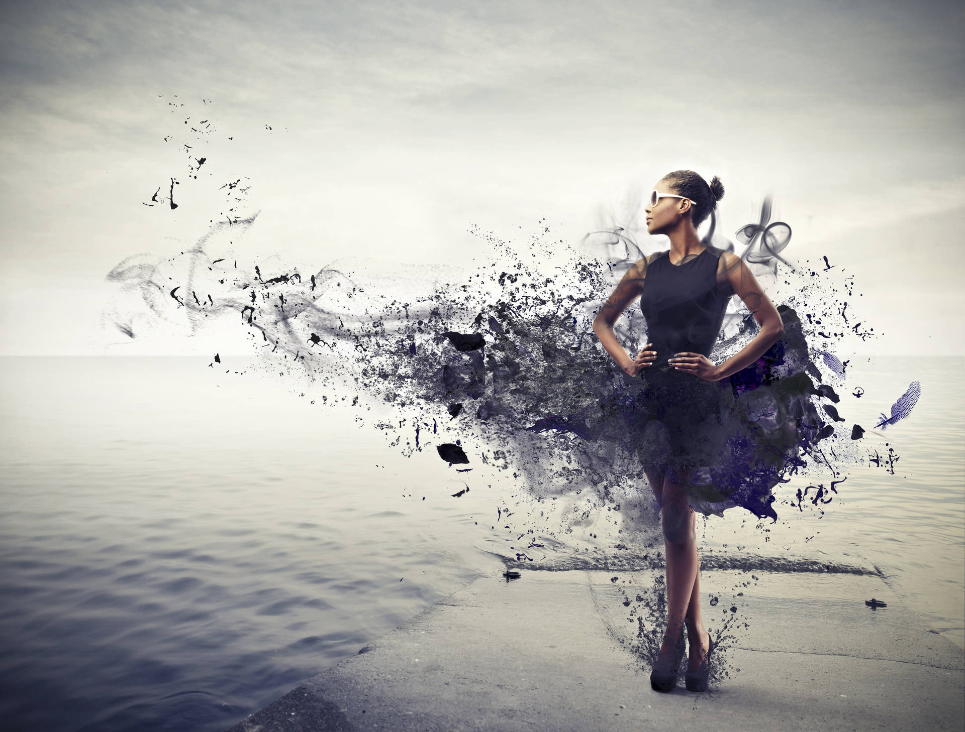 creative ballerina dress, beach, dark ink splatters, Full HD Desktop Wallpaper