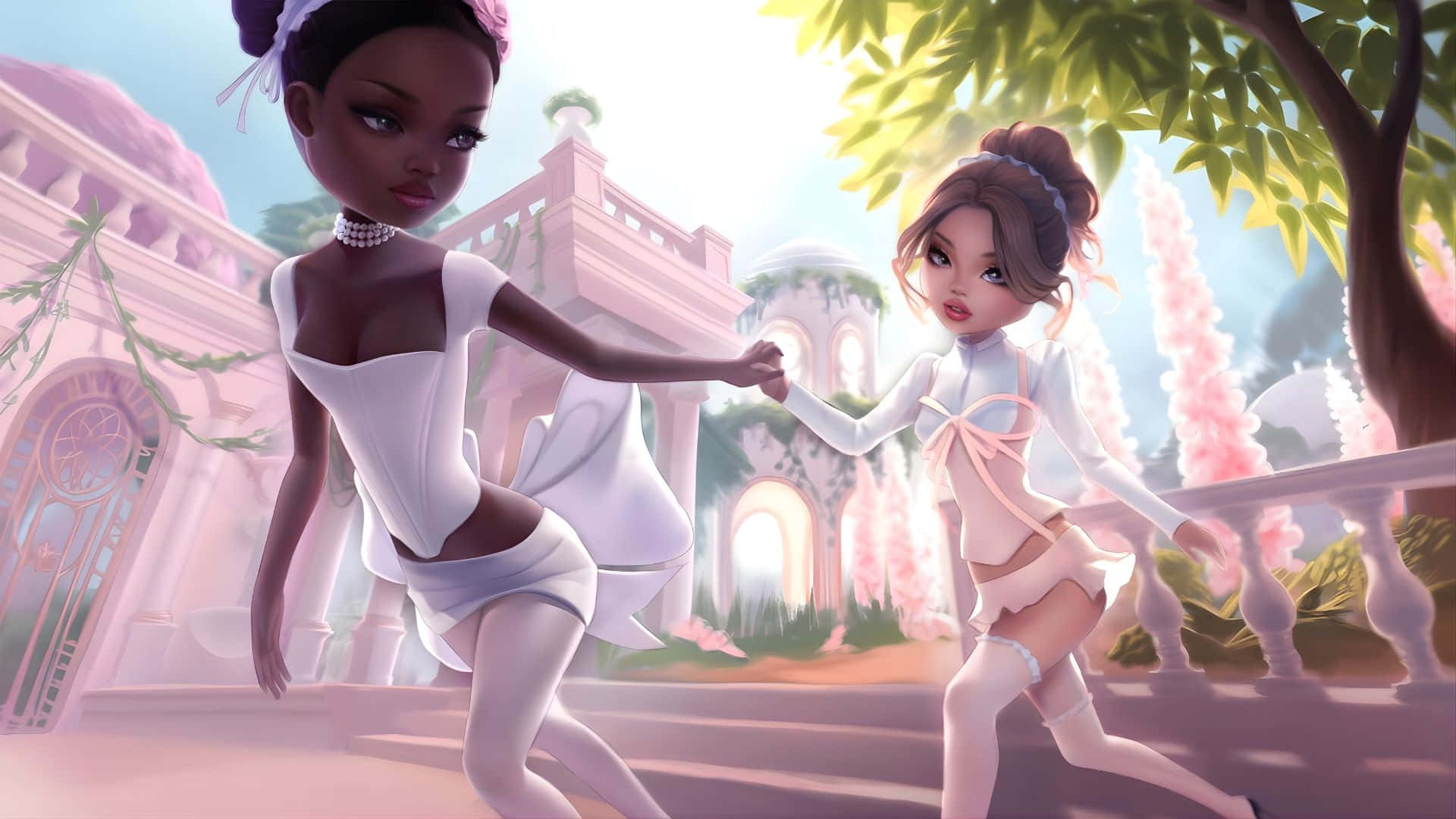 Elegant Ballet Duo, white outfits, sunlit garden, Full HD Desktop Wallpaper