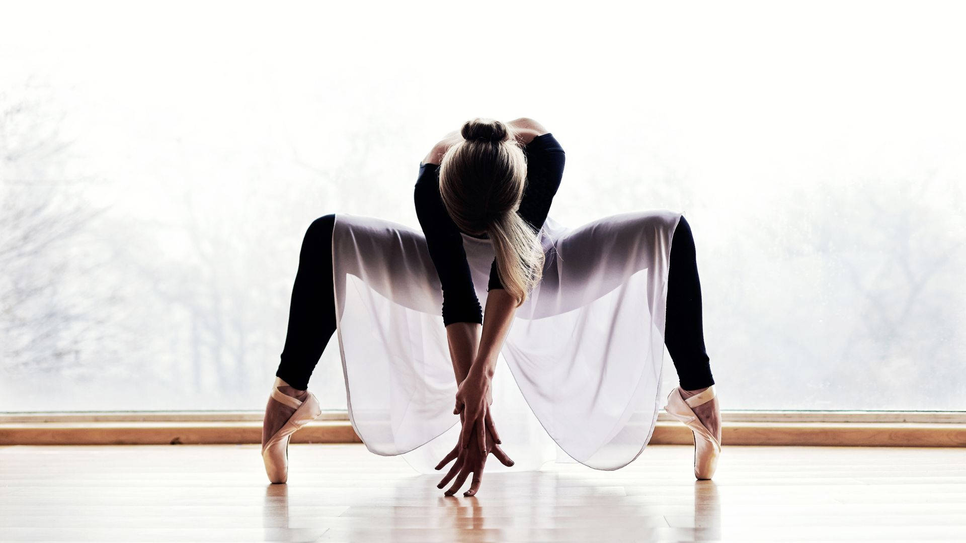 Array Woman Stretch Ballet Dancer, black leotard, flowing white skirt, Full HD Desktop Wallpaper