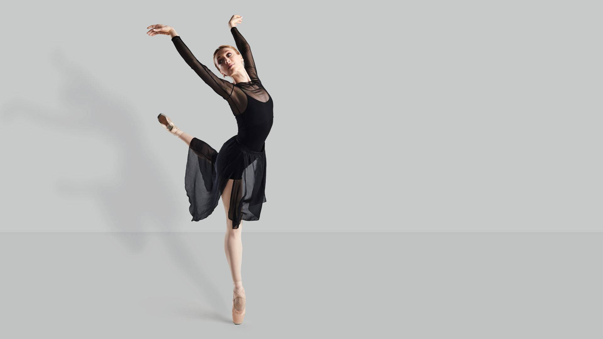 black leotard, flowing skirt, arabesque pose, Full HD Desktop Wallpaper