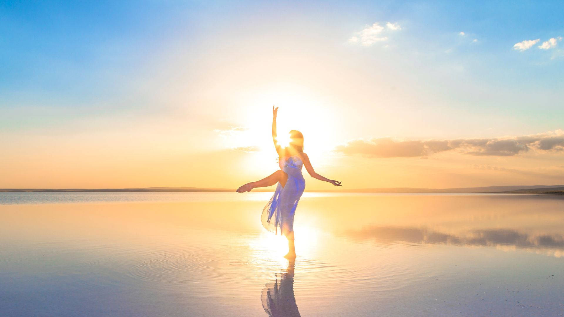 high energy lake ballet dancer, flowing blue dress, reflective salt flat, Full HD Desktop Wallpaper