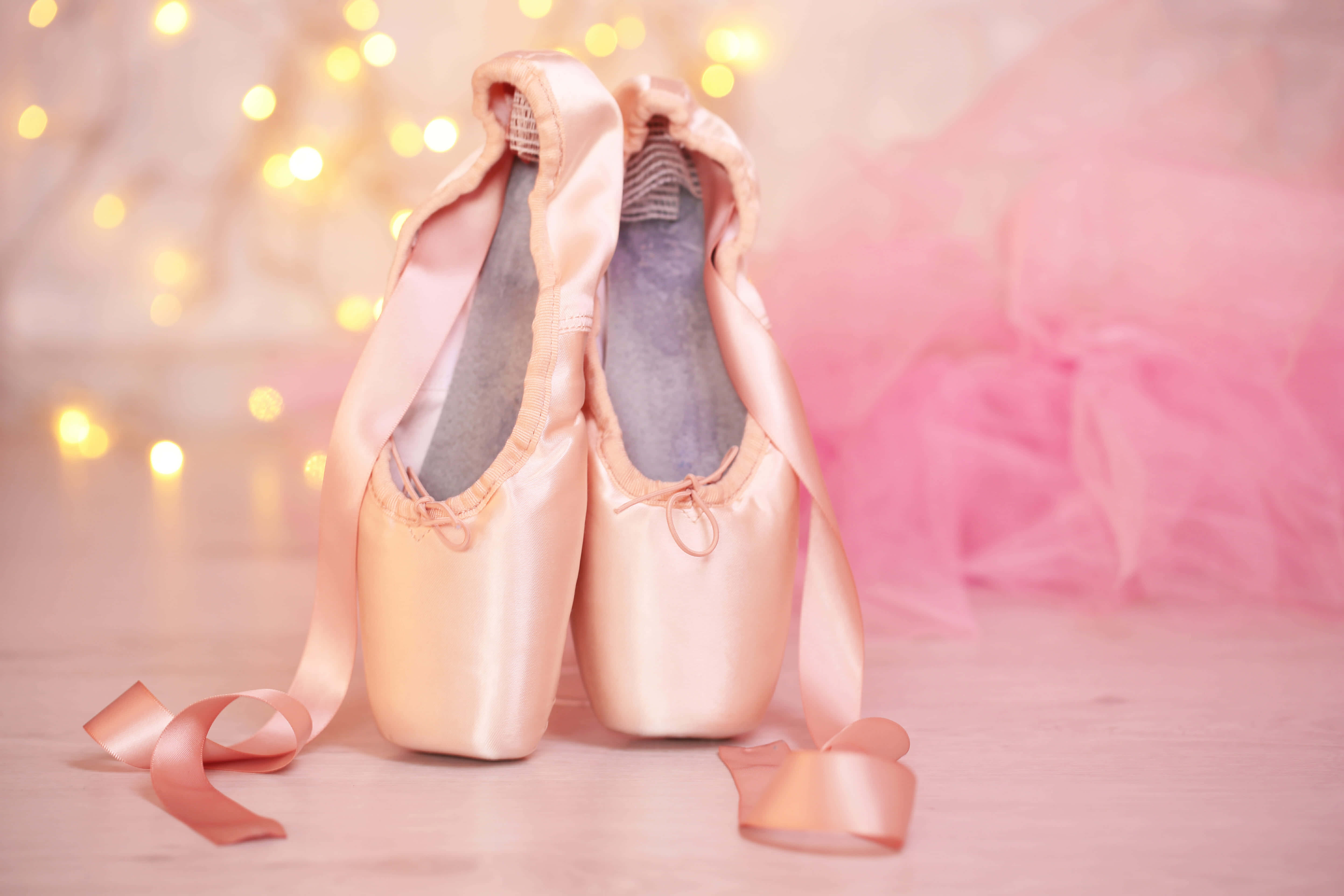 pink satin ballet pointe shoes, pink tutu, warm bokeh lights, 5K Desktop Wallpaper