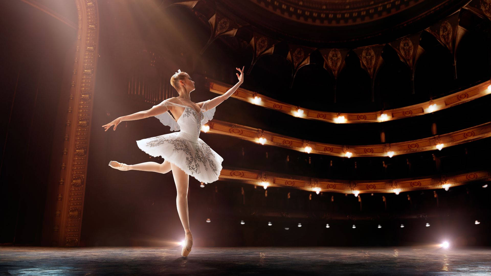 ballerina, white tutu, arabesque on pointe, Full HD Desktop Wallpaper