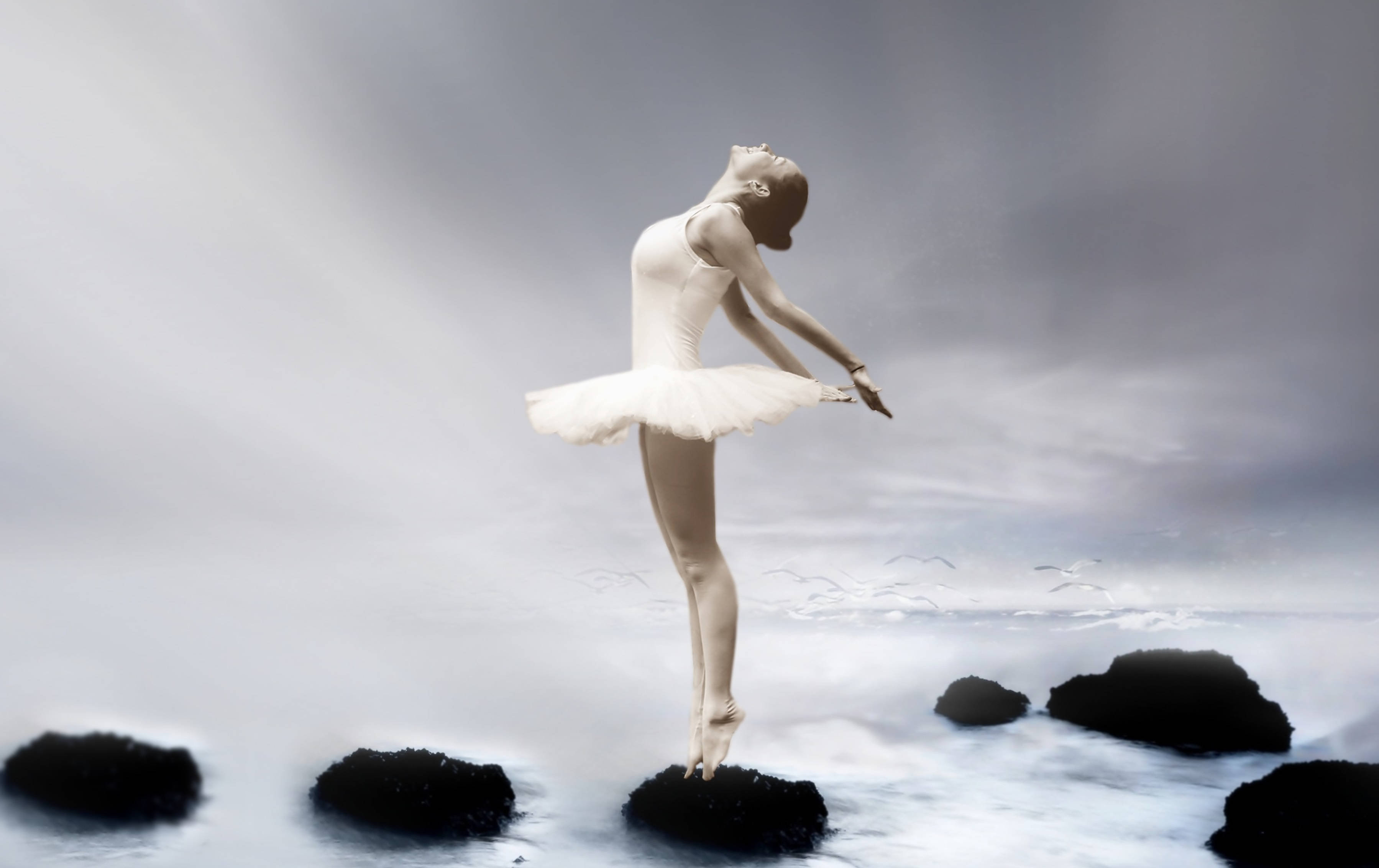 ballerina, white tutu, rock, 2K Desktop Wallpaper