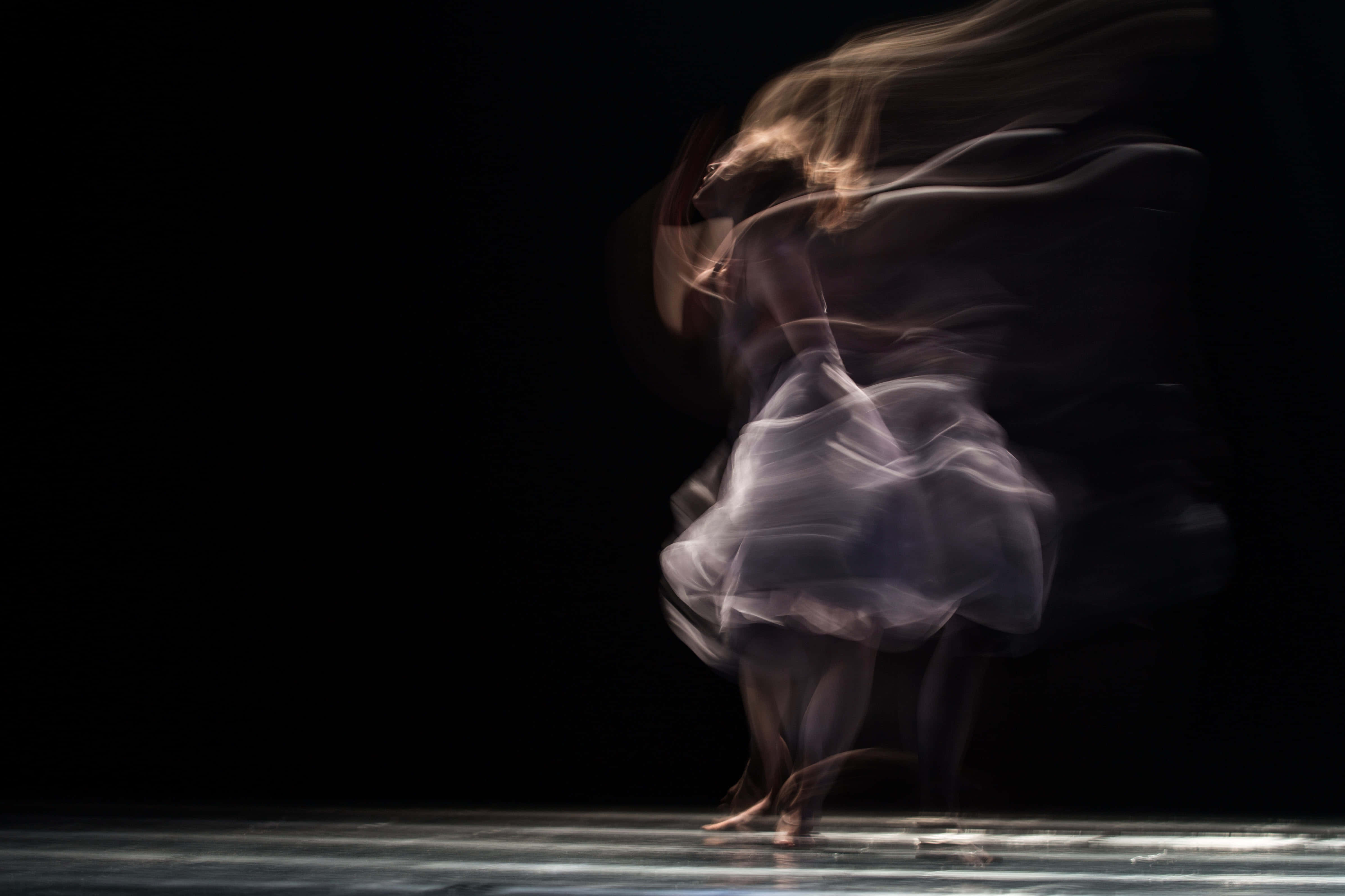 Passionate Ballet Dancer, flowing white dress, black background, 4K Desktop Wallpaper