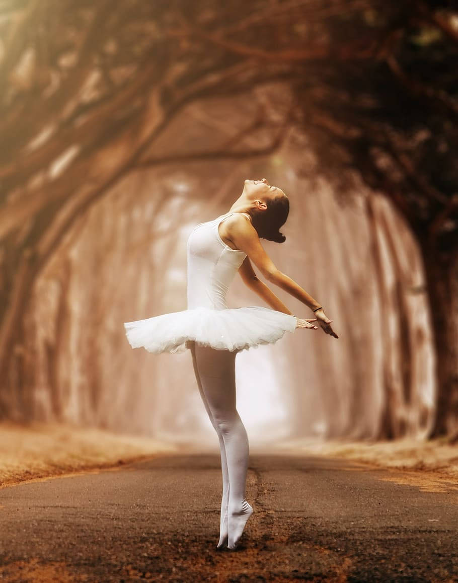 ballet dancer, white tutu, sunlit tree-lined road, SD Phone Wallpaper
