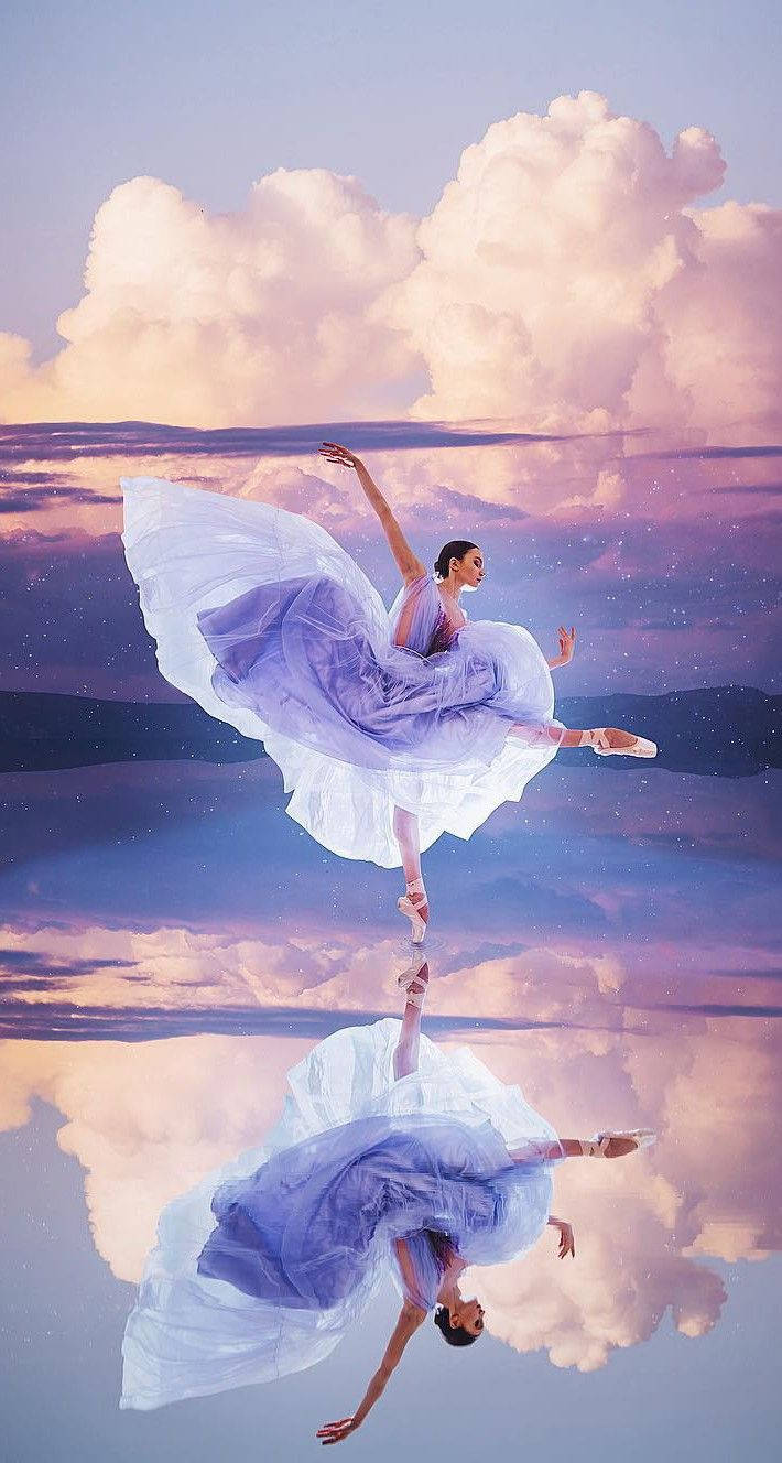 ballerina, lavender dress, mirrored sky, HD Phone Wallpaper