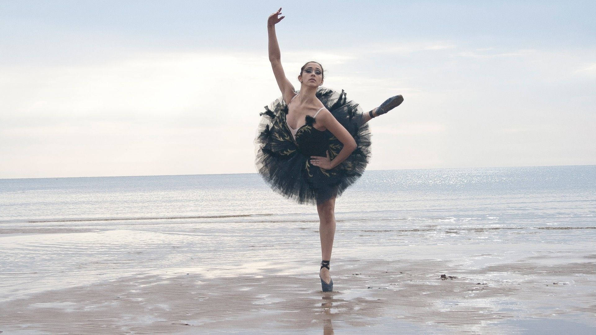 ballet dancer, black tutu, wet sandy beach, Full HD Desktop Wallpaper
