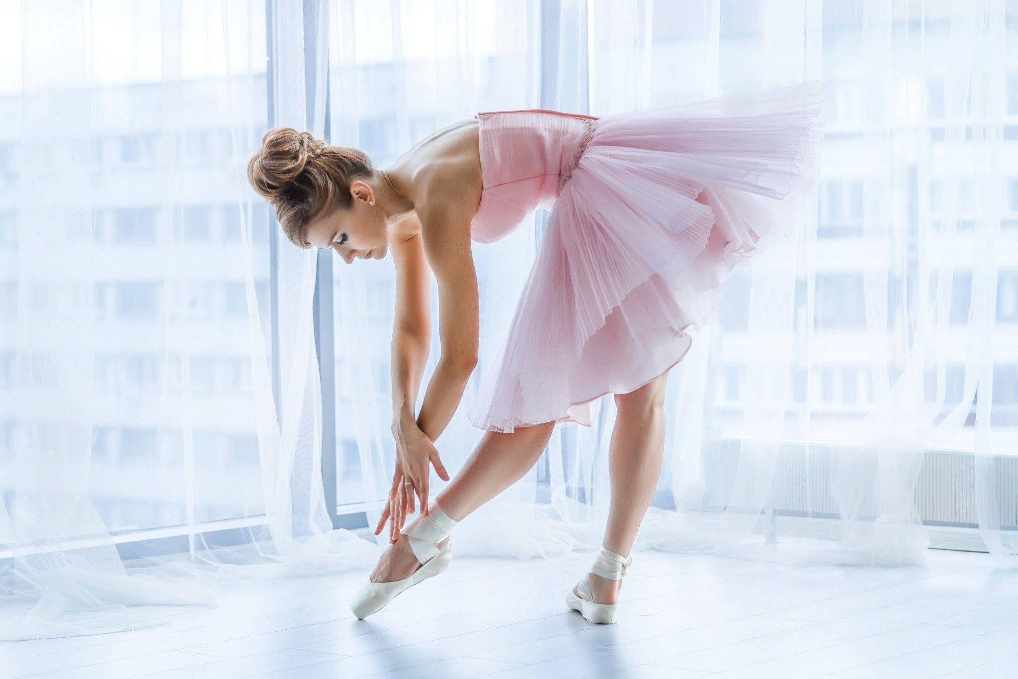 ballet dancer, pink tutu, sunlit studio, Full HD Desktop Wallpaper