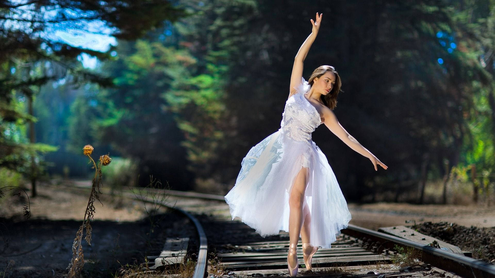ballet dancer, train track, white dress, Full HD Desktop Wallpaper