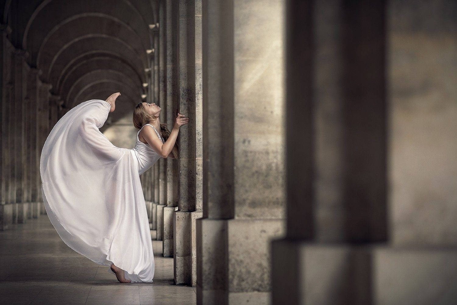ballet dancer, flowing white gown, stone columns, HD Desktop Wallpaper