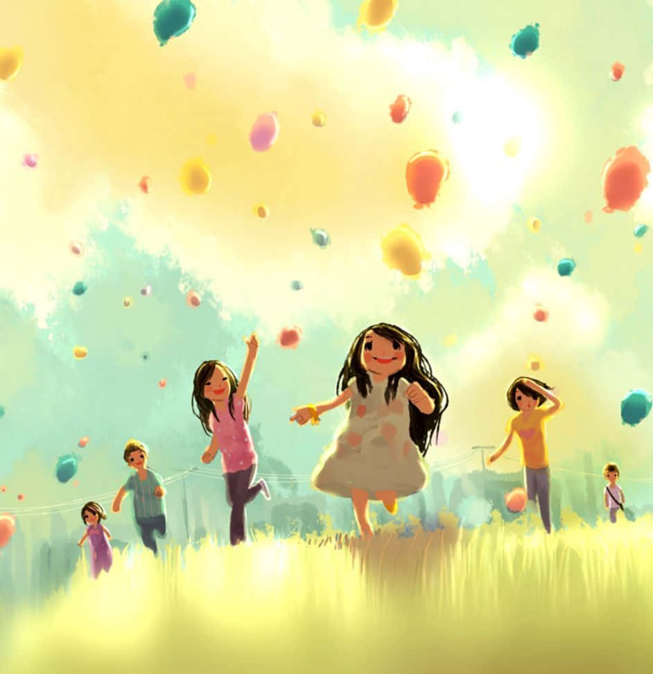 Kids Playing Balloon, cute girly, sunlit field, SD Phone Wallpaper