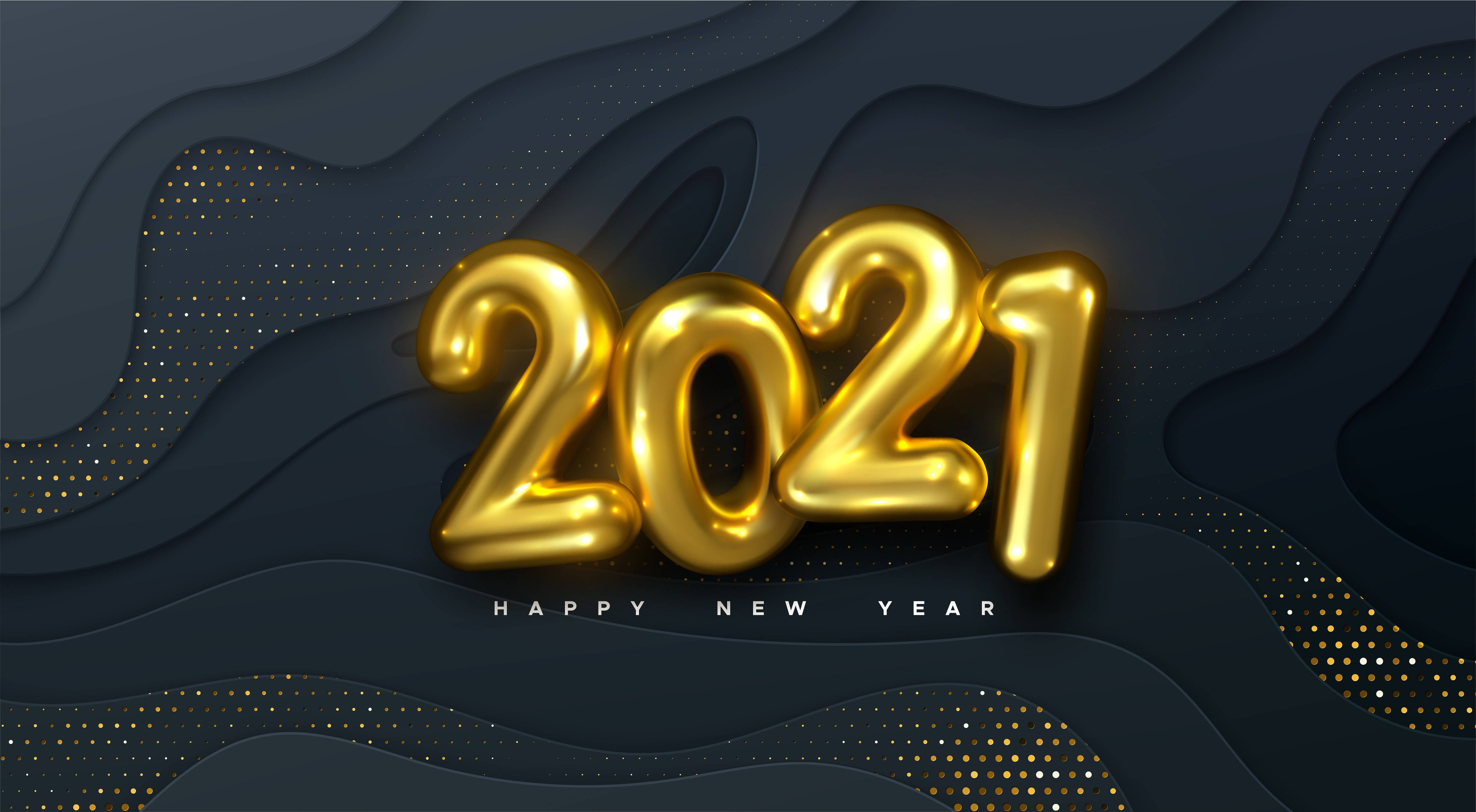 yellow foil, Happy New Year 2021, golden 2021 balloons, 5K Desktop Wallpaper