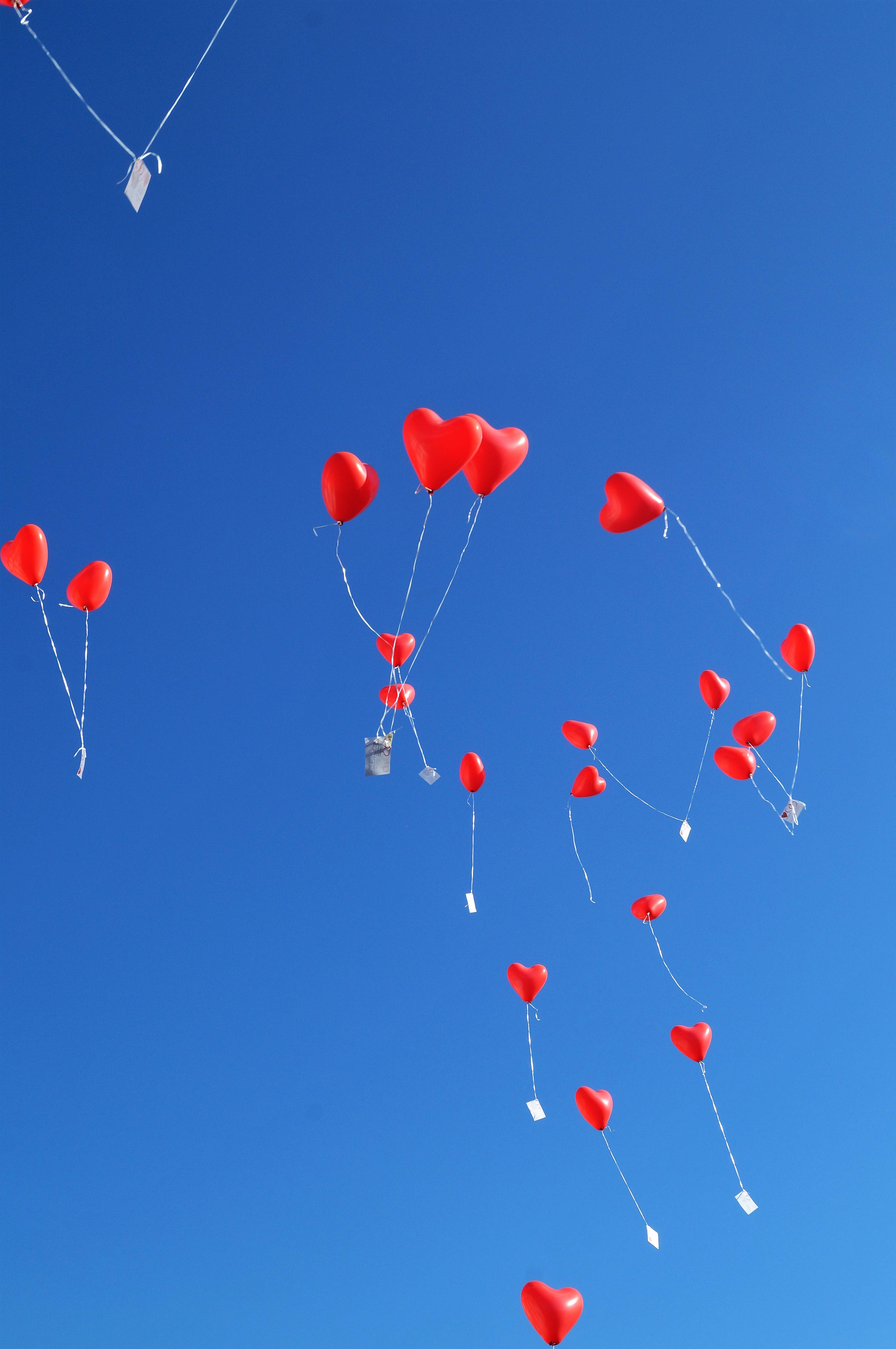 red balloons, heart-shaped balloons, clear blue sky, 4K Phone Wallpaper