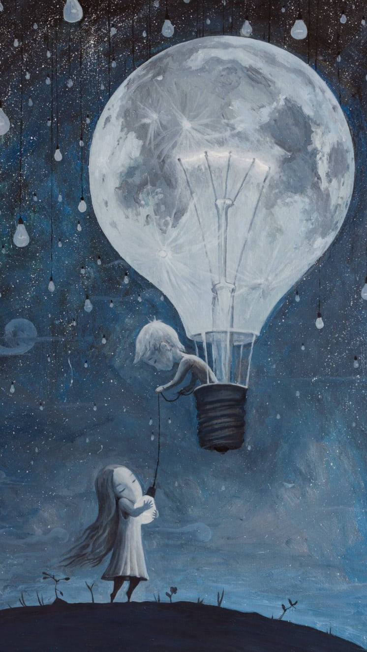 moon-shaped lightbulb, giant moon-shaped lightbulb, starry night sky, HD Phone Wallpaper