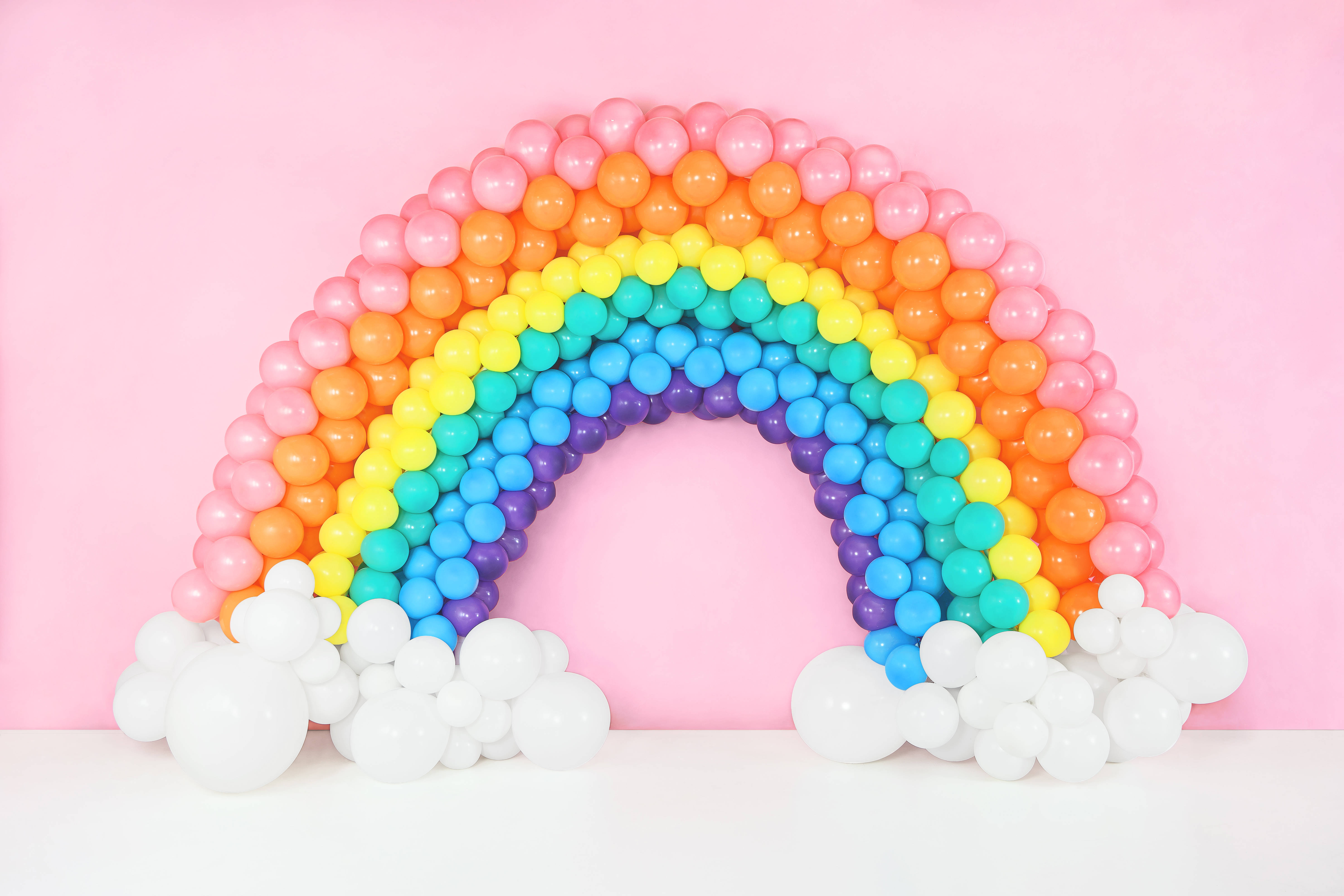rainbow arch, colorful balloons, fluffy white cloud balloons, 5K Desktop Wallpaper