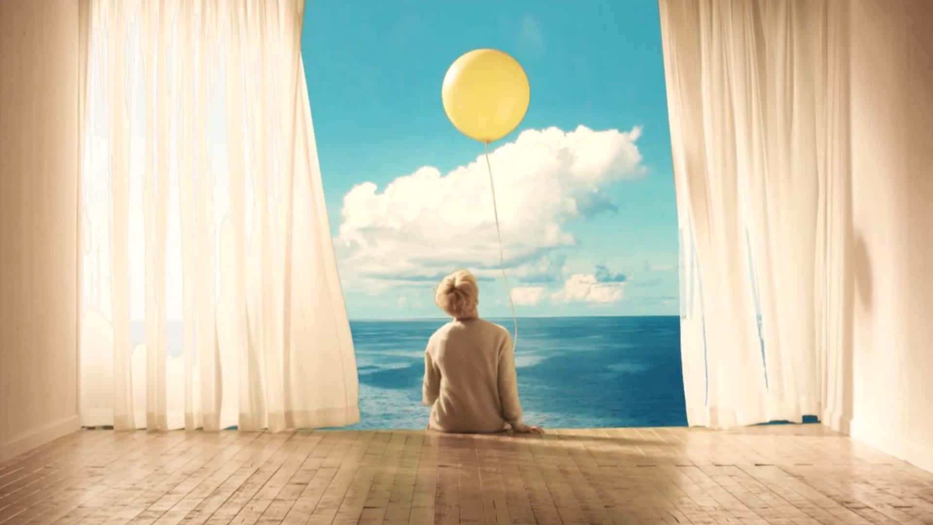 yellow balloon, wooden floor, curtains, Full HD Desktop Wallpaper