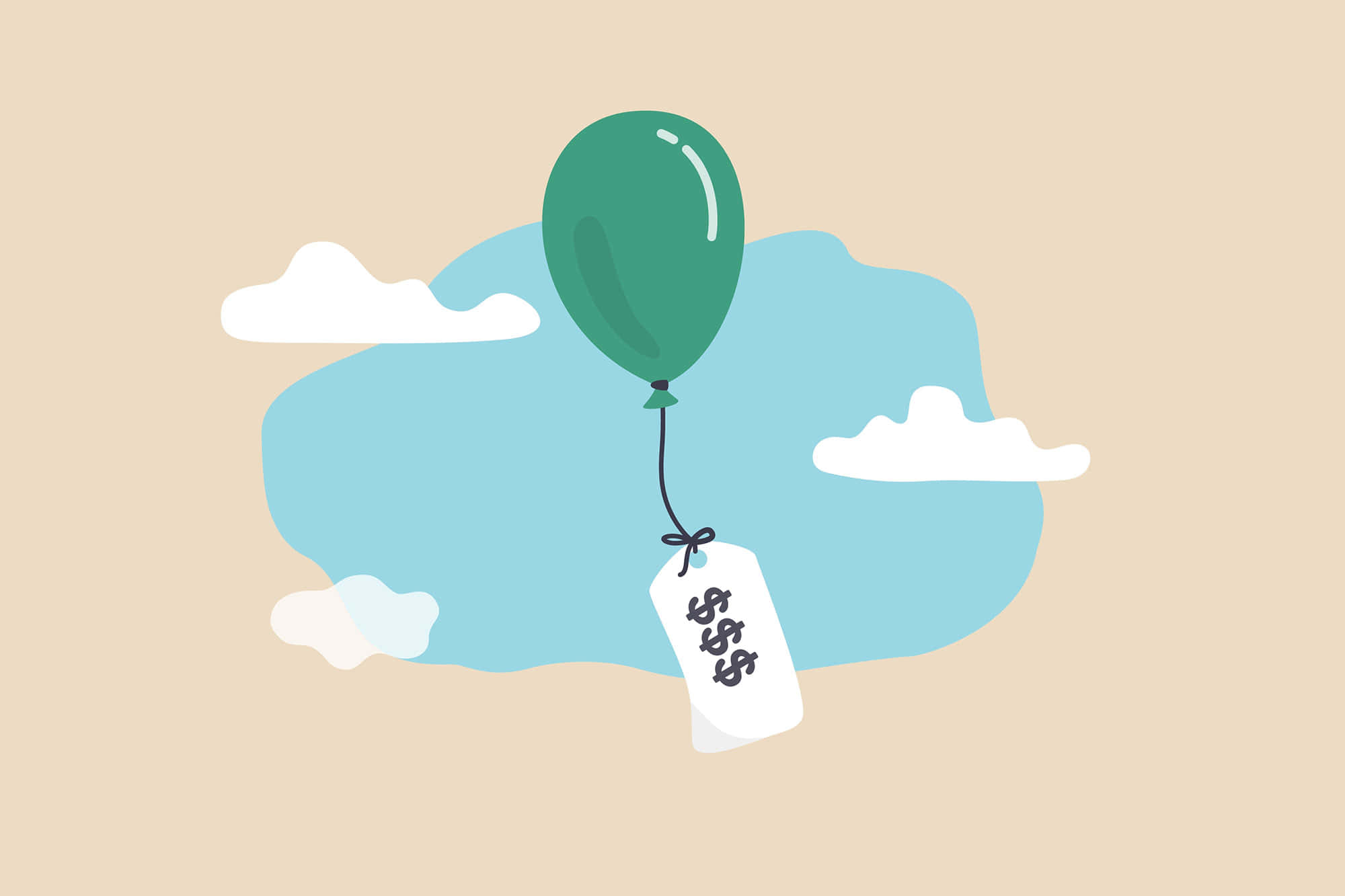 green balloon, stylized clouds, price tag, Full HD Desktop Wallpaper