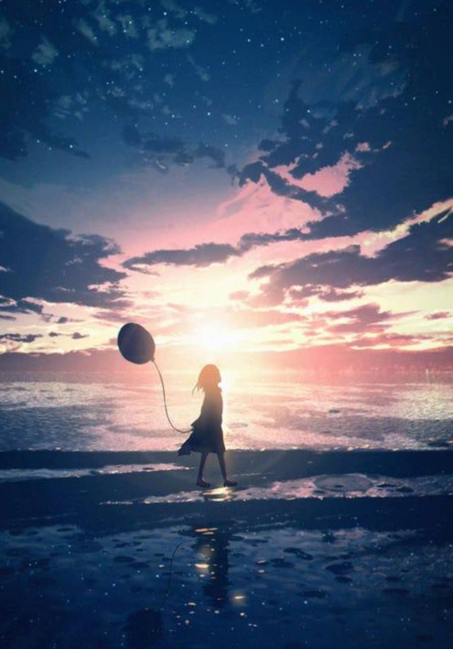 Balloon, starry beach, sunset, HD Phone Wallpaper