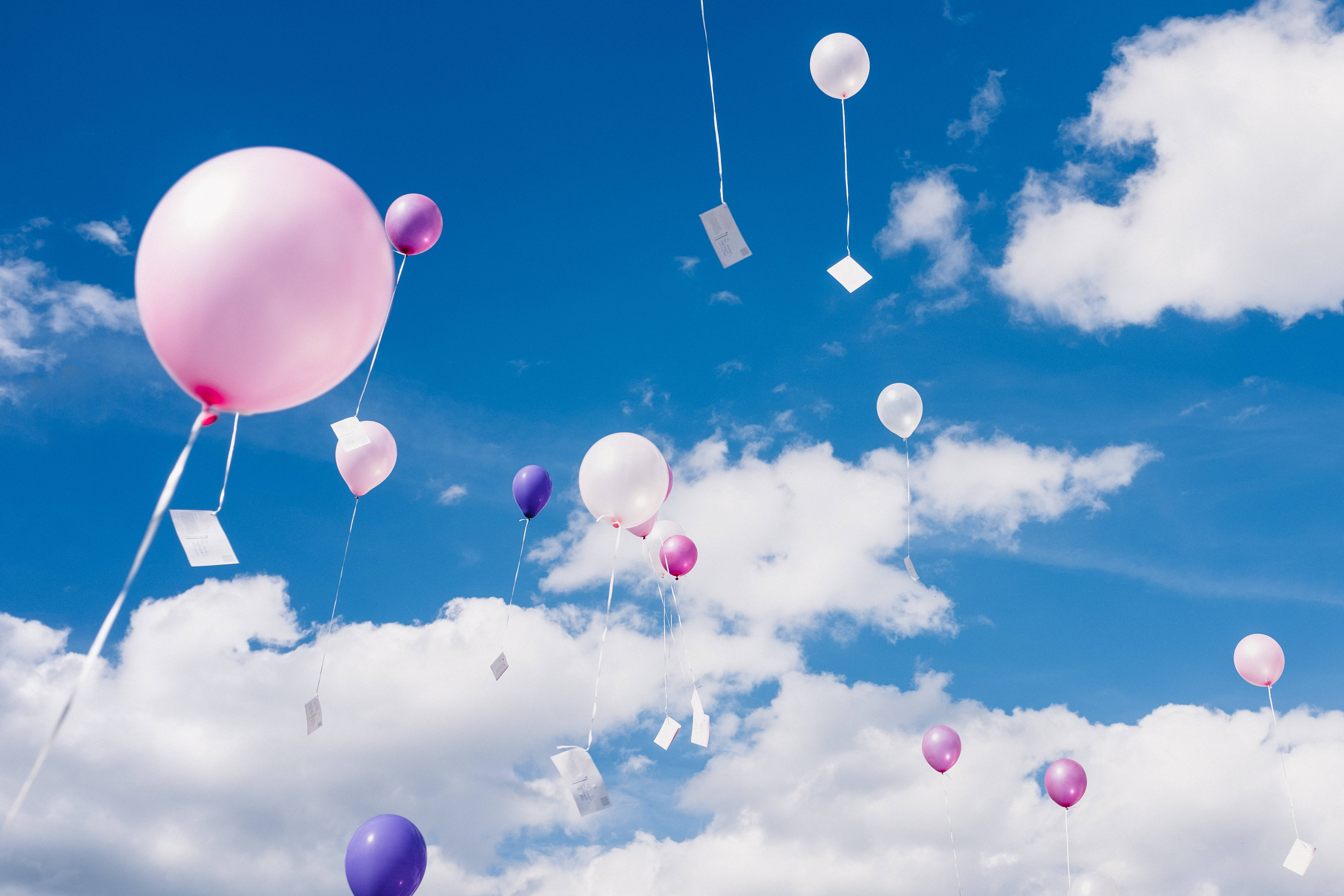 pastel pink, purple balloons, bright blue sky, 5K Desktop Wallpaper