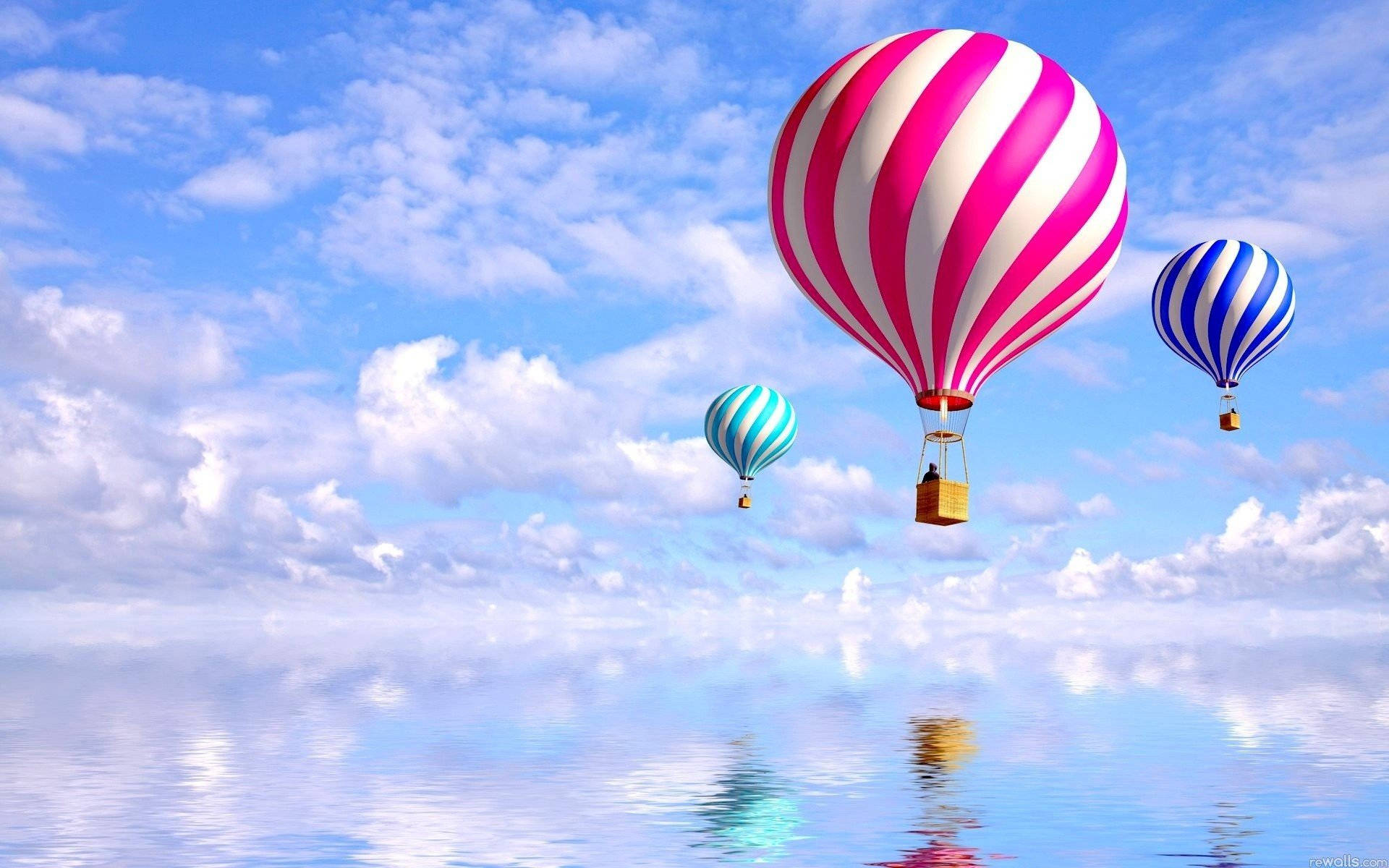 hot air balloons, pink white blue and teal stripes, calm reflective water surface, Full HD Desktop Wallpaper
