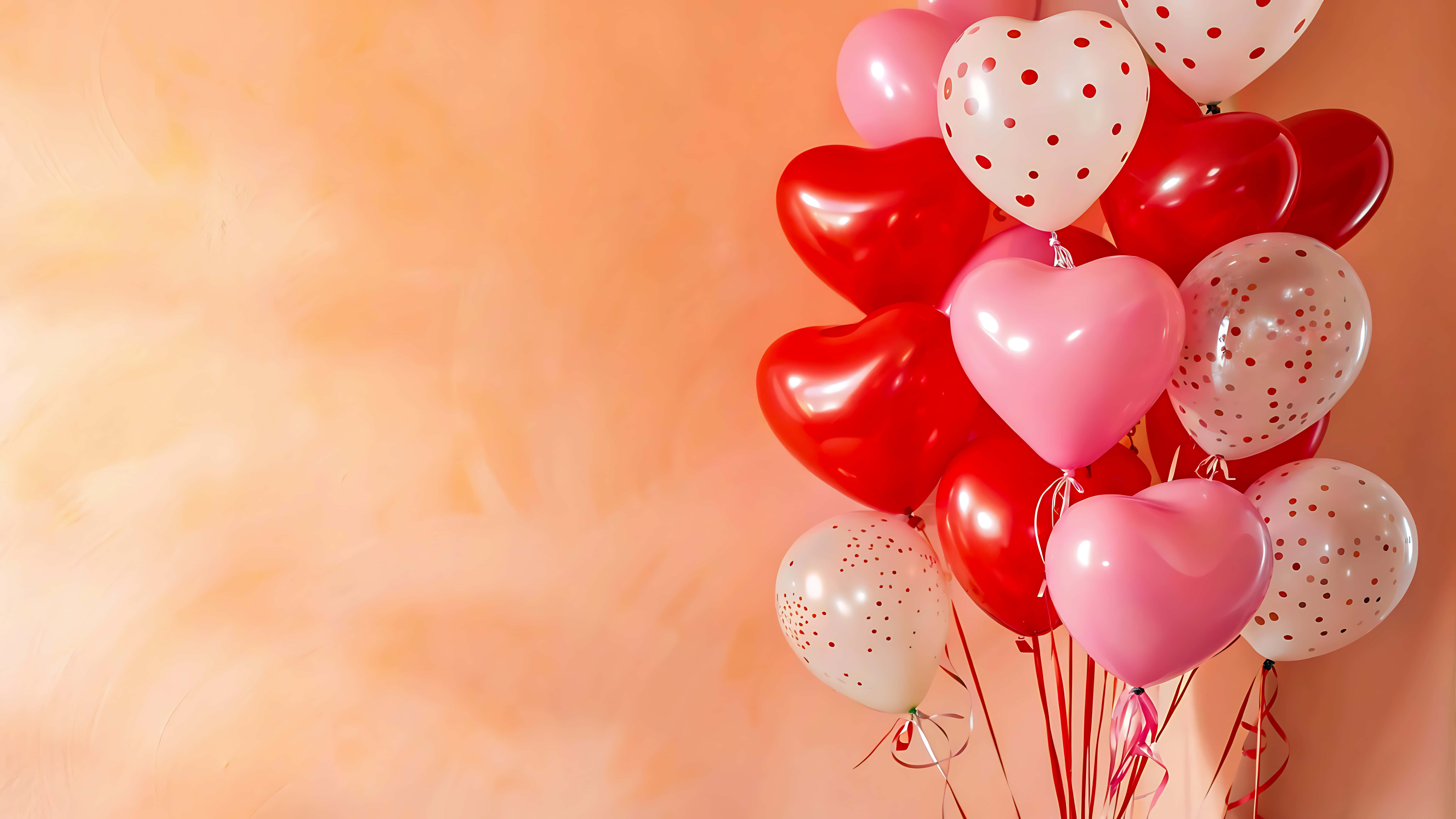 heart shaped balloons, red pink and white, polka dots, 8K Desktop Wallpaper