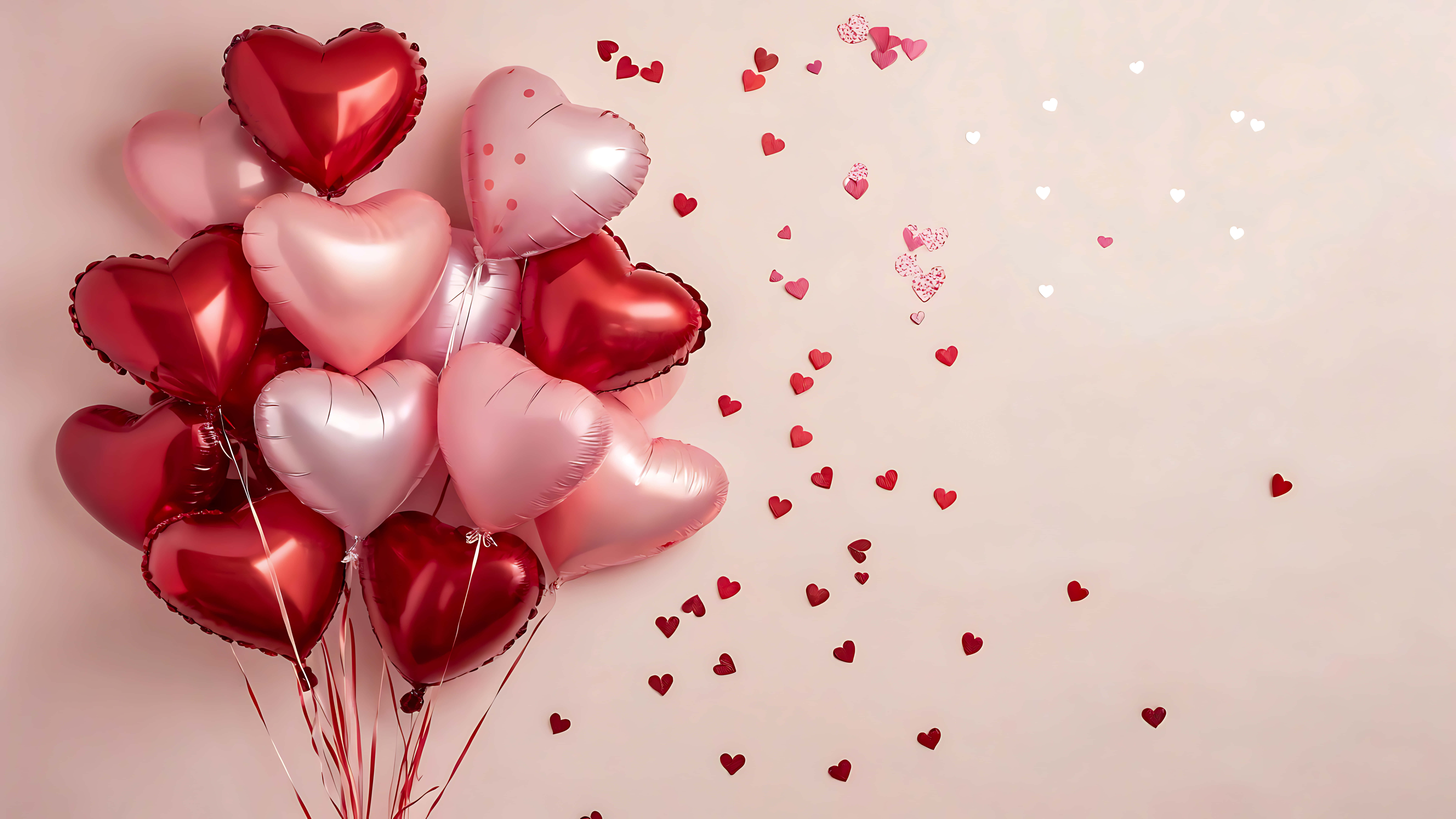 heart shaped balloons, confetti, red, 8K Desktop Wallpaper