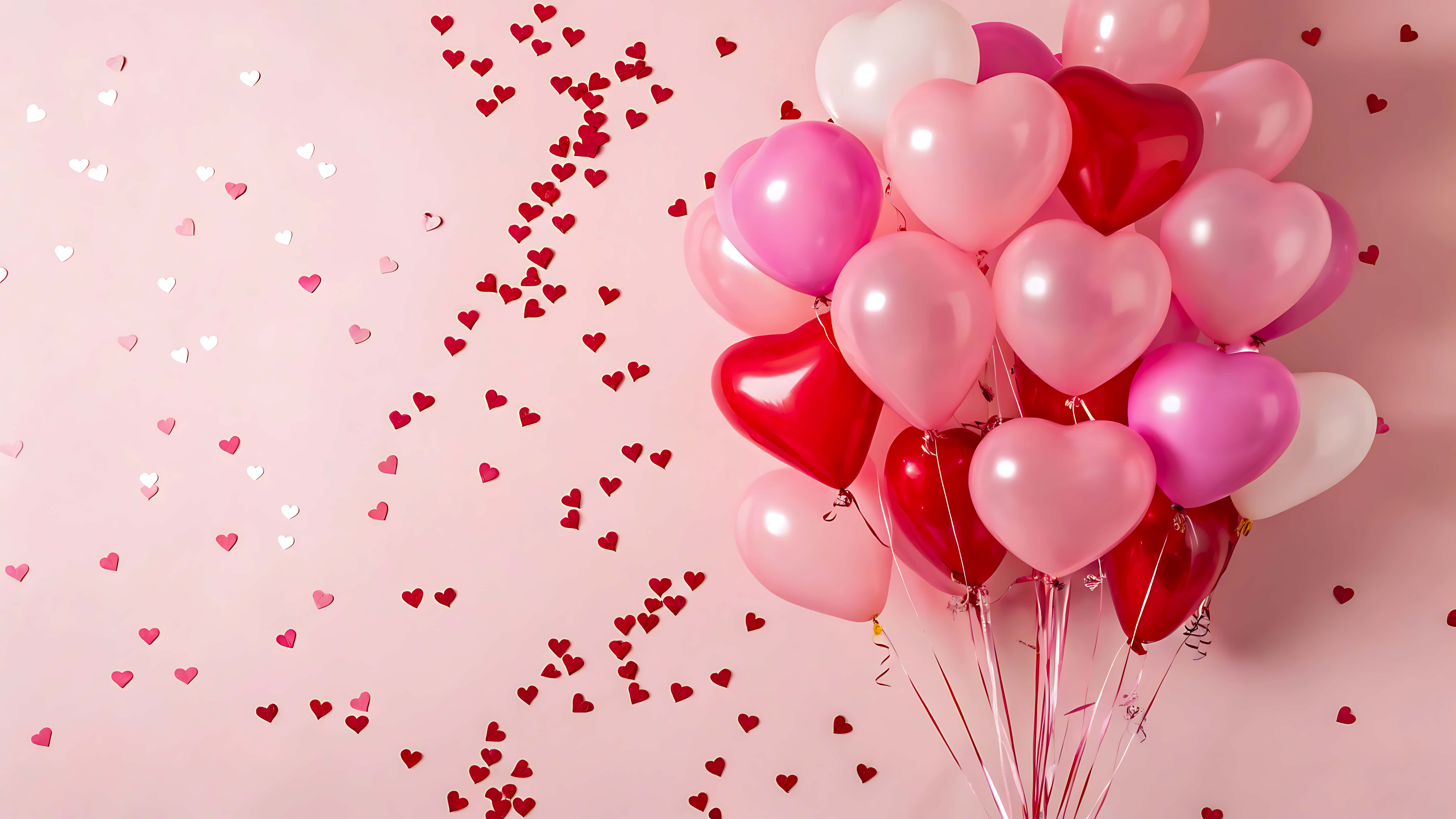 heart shaped balloons, pink and red, heart confetti background, 8K Desktop Wallpaper
