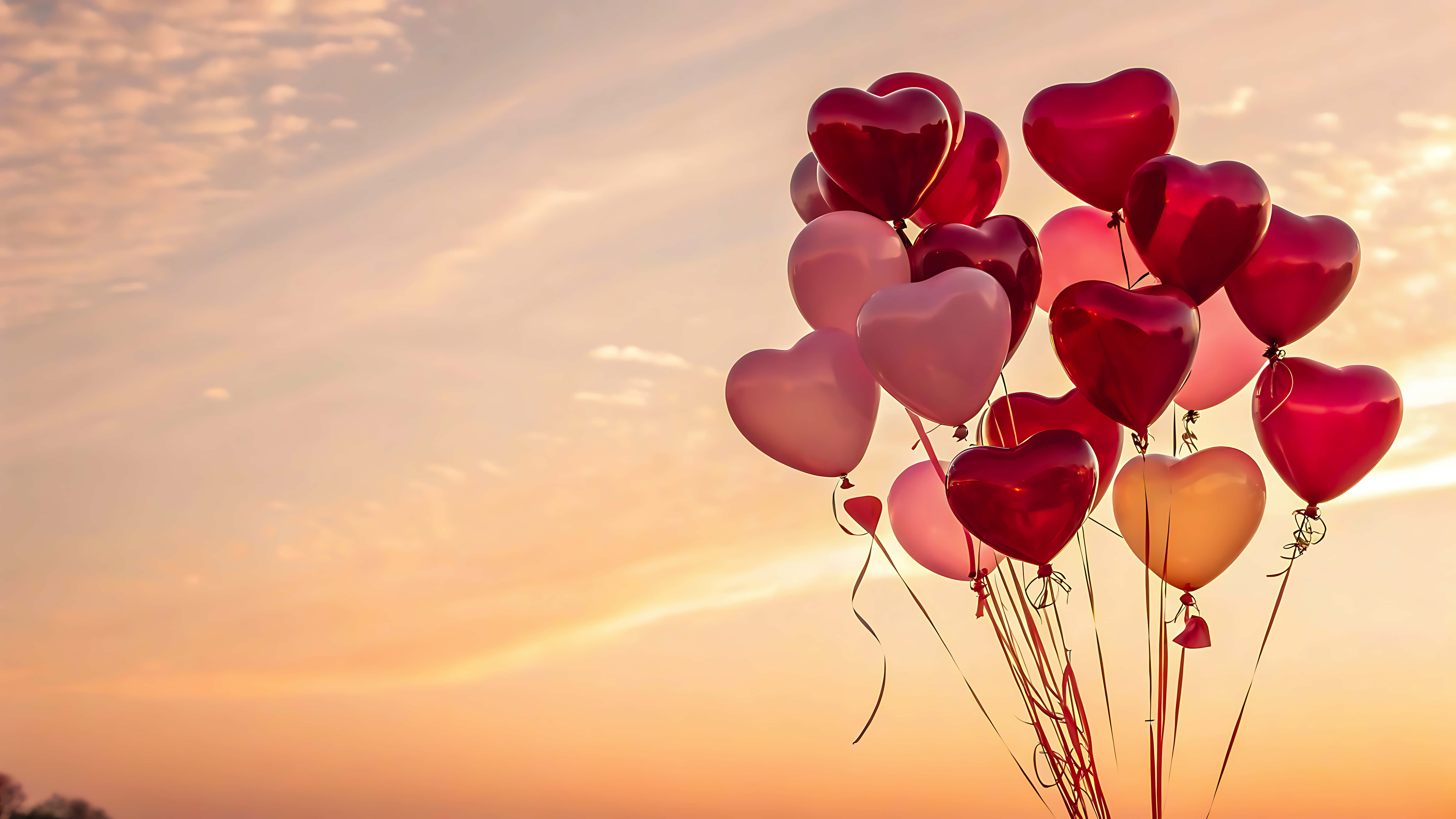 heart shaped balloons, red pink and gold, warm sunset sky, 8K Desktop Wallpaper