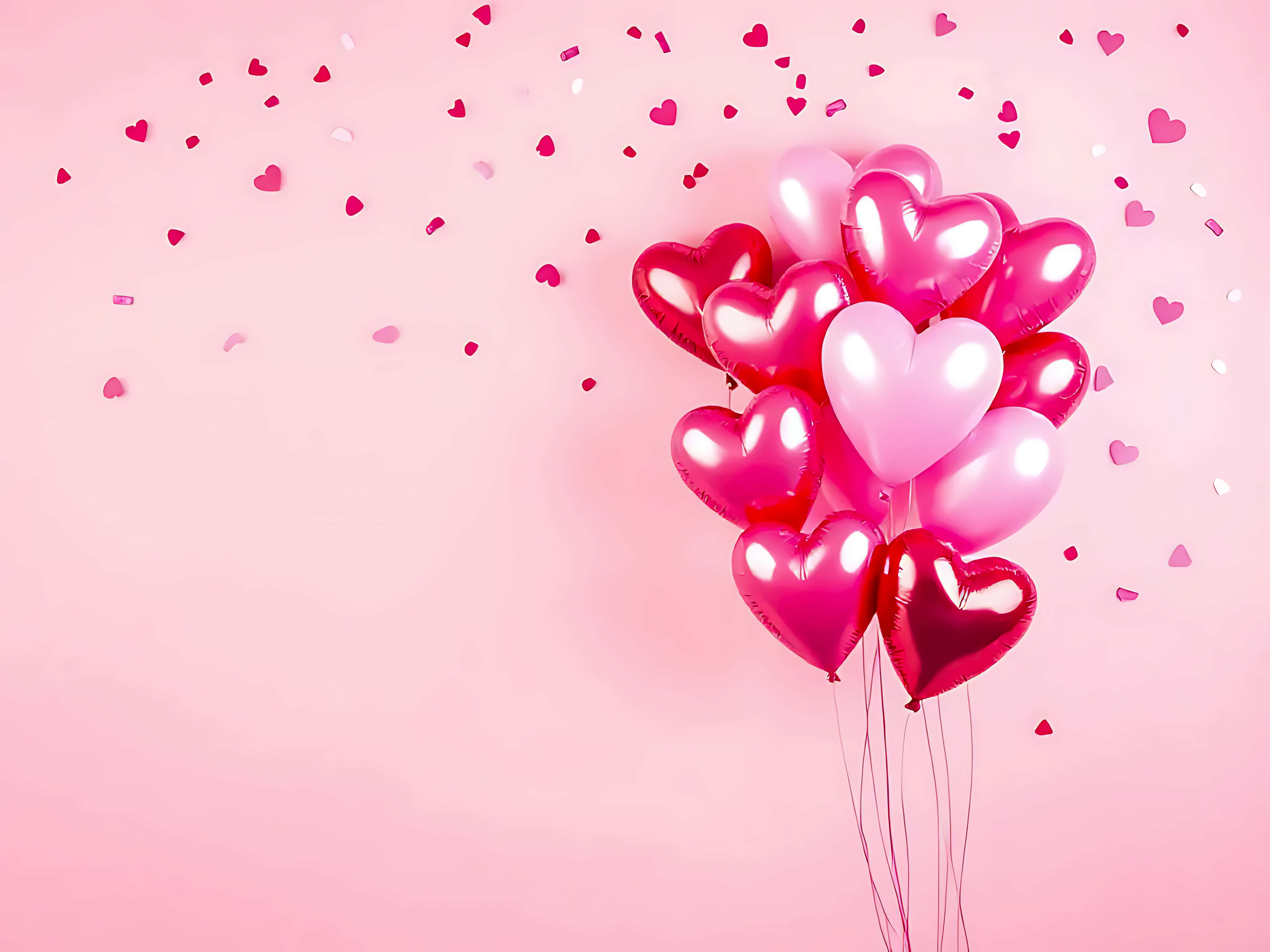 heart shaped balloons, confetti, pink background, 5K Desktop Wallpaper