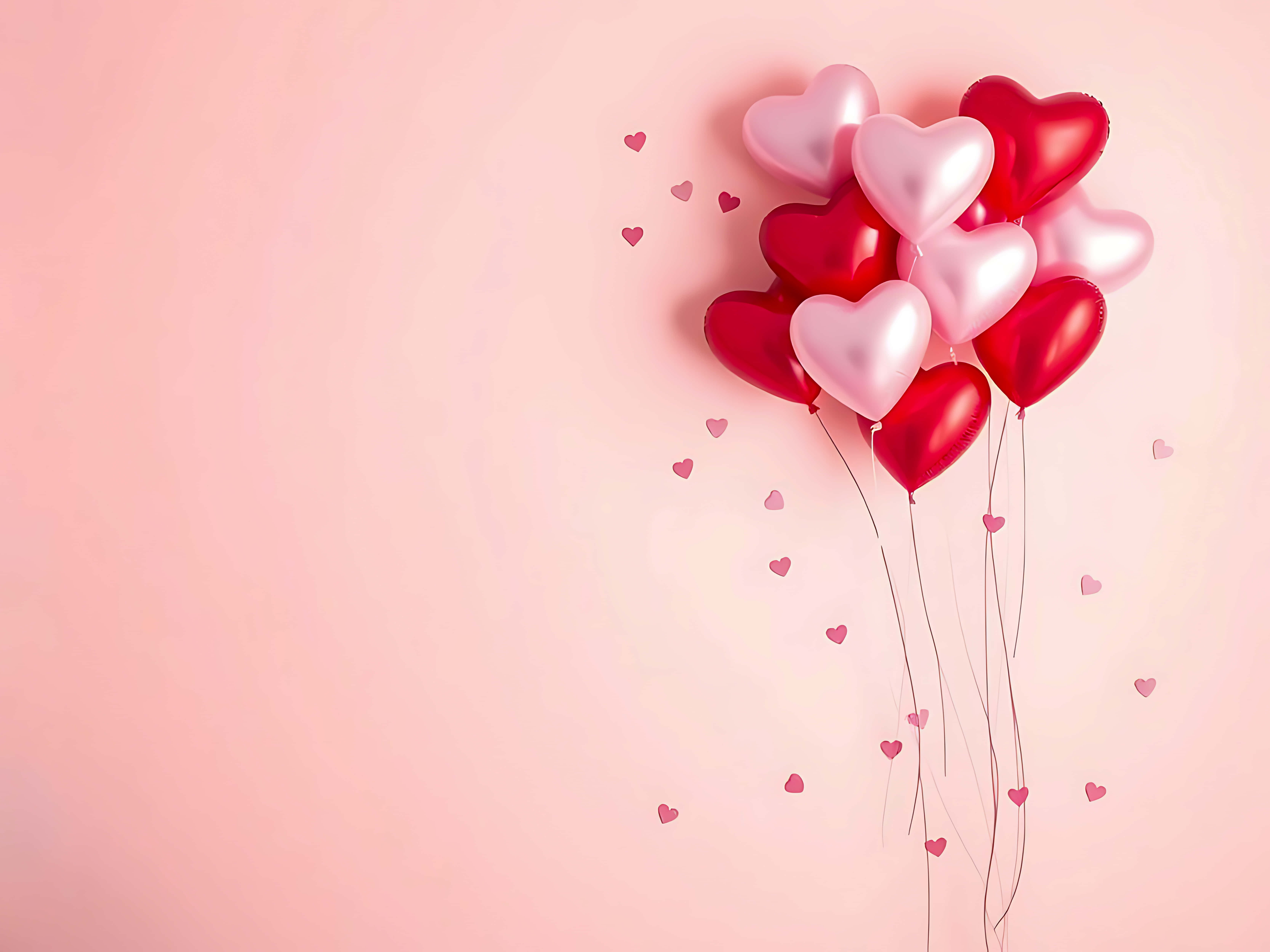 heart shaped balloons, confetti, pink background, 5K Desktop Wallpaper