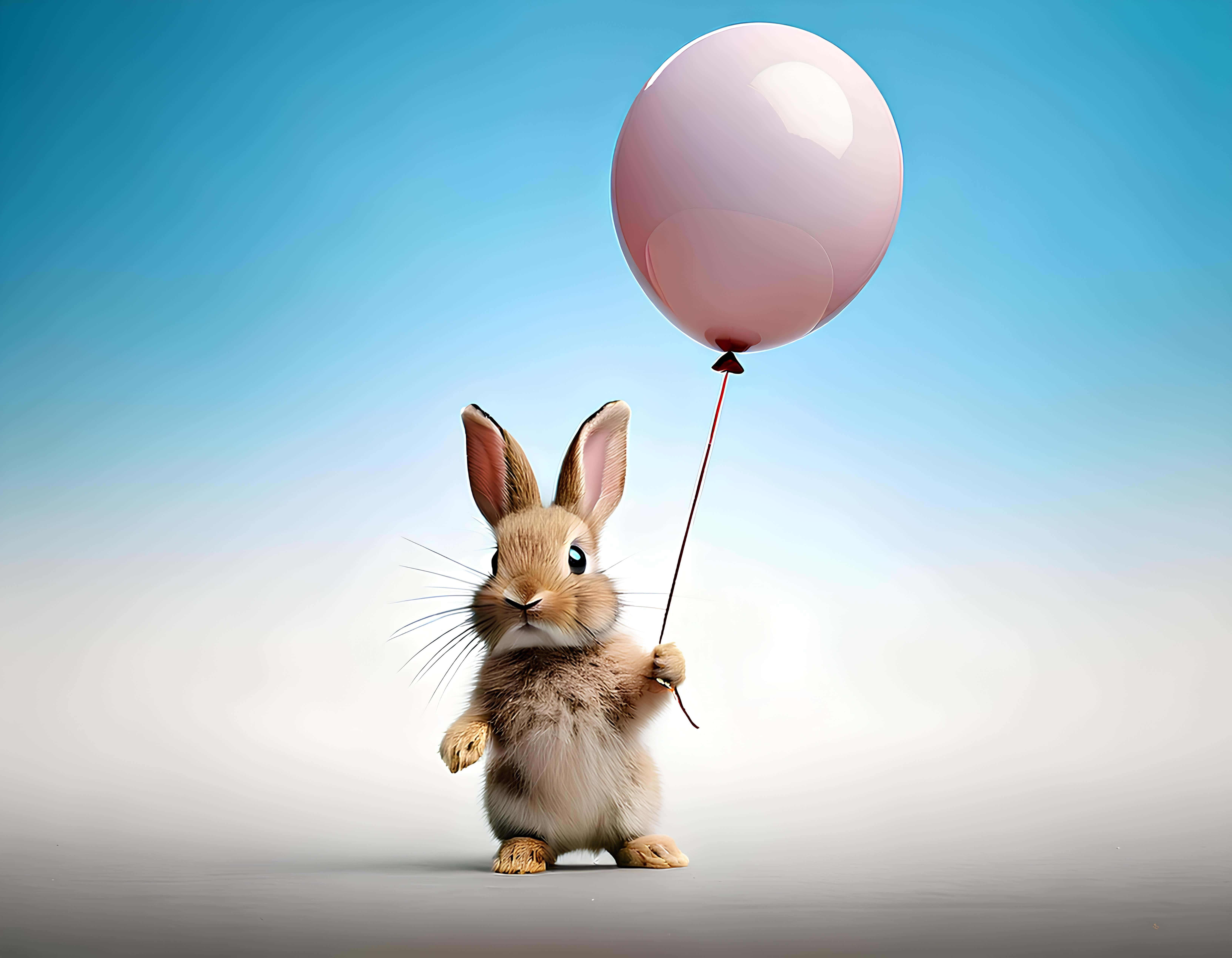 bunny, fluffy brown rabbit, pink balloon, 5K Desktop Wallpaper