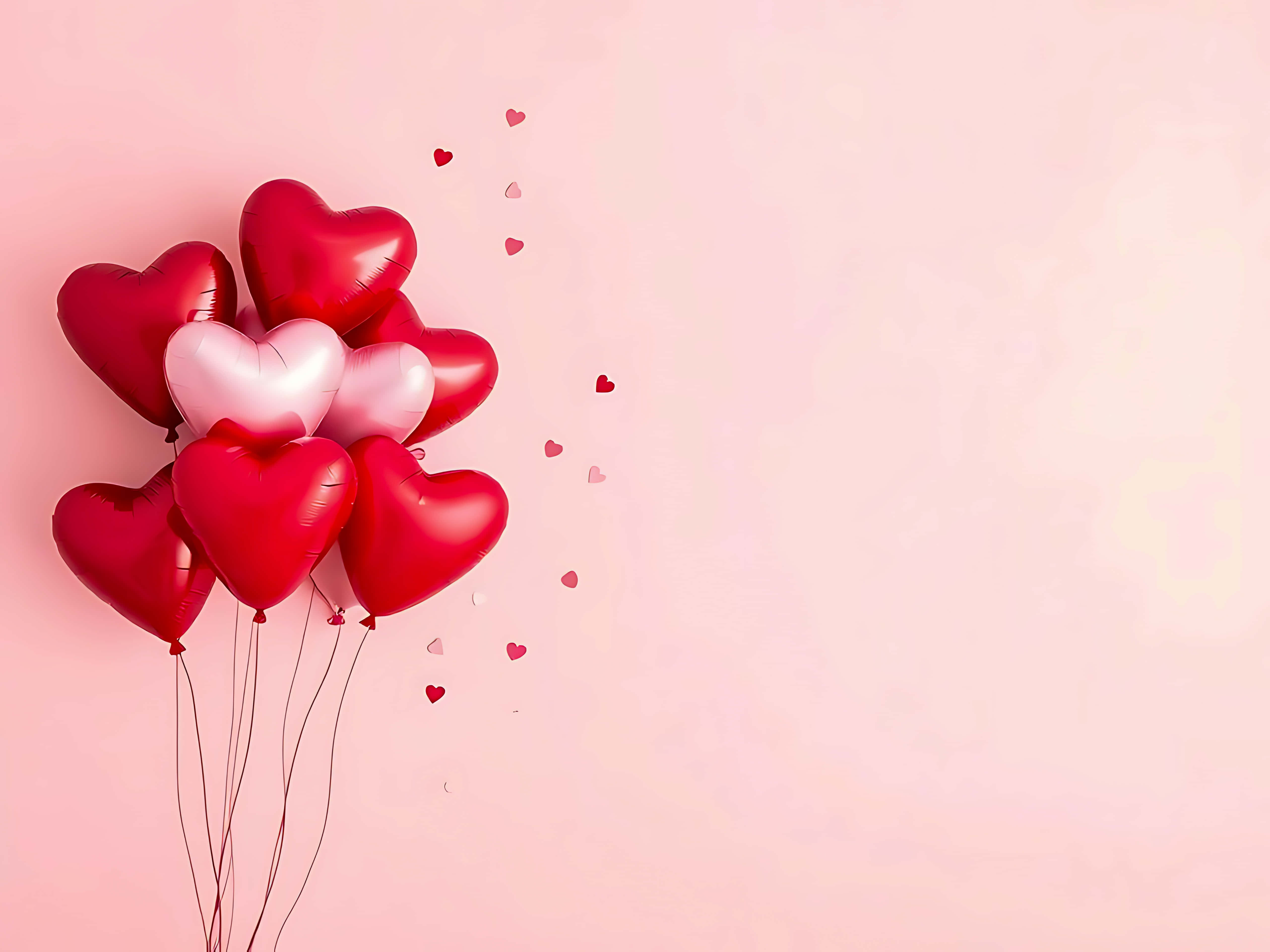 heart shaped balloons, confetti, pink background, 5K Desktop Wallpaper