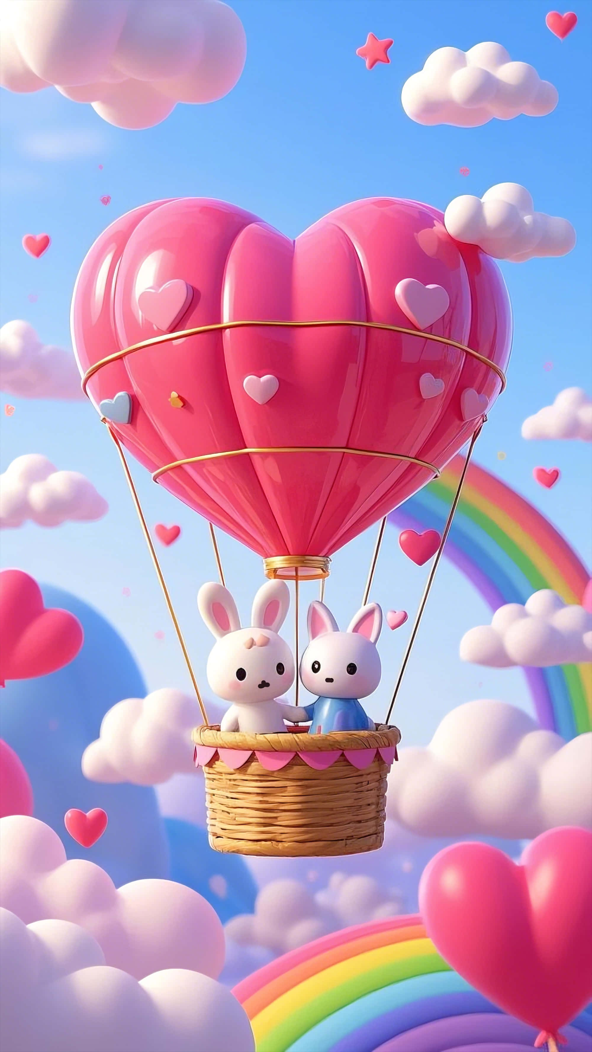 pink heart-shaped hot air balloon, fluffy clouds, floating hearts, 2K Phone Wallpaper