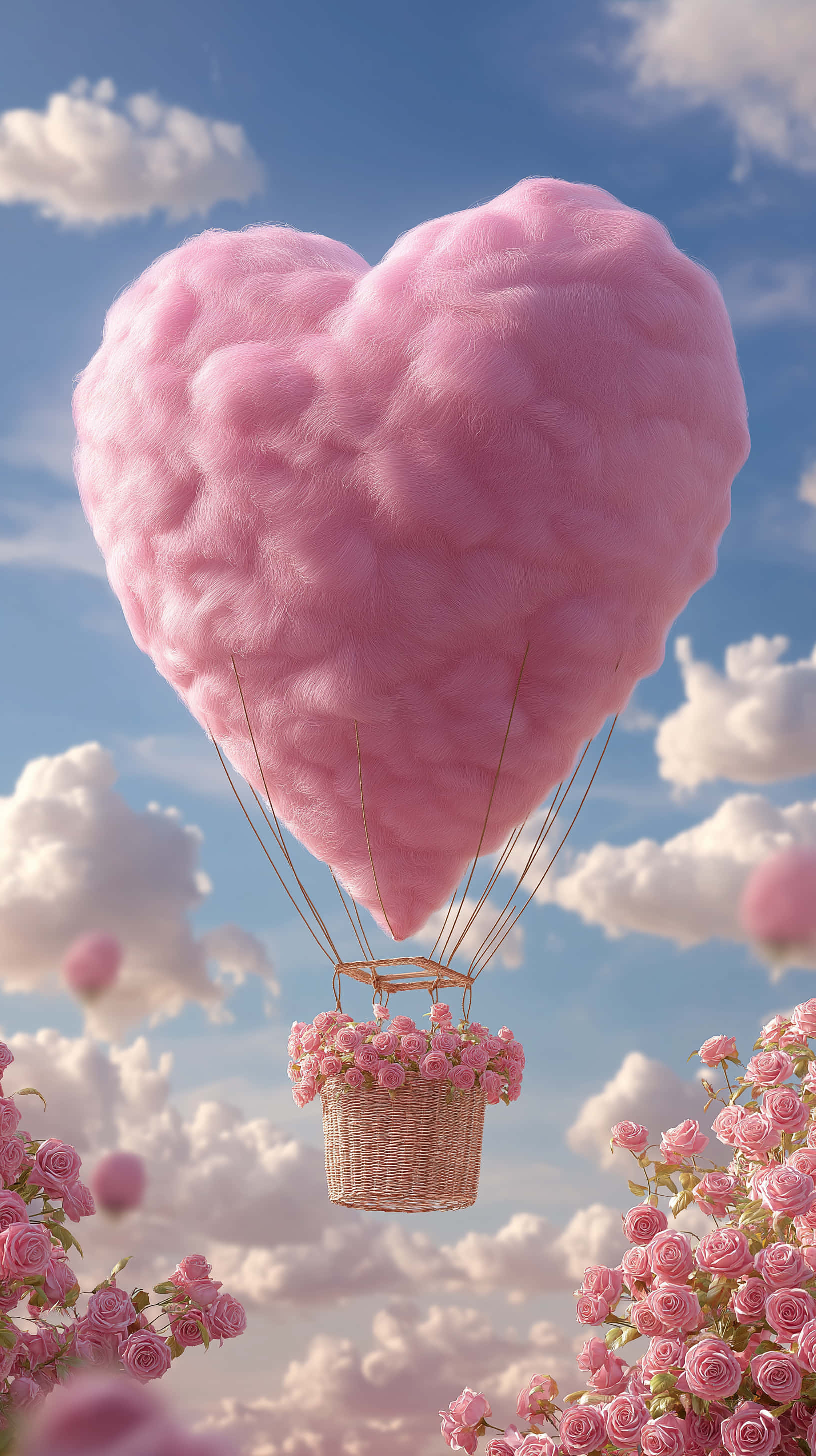 pink heart-shaped balloon, cotton candy heart, hot air balloon, 2K Phone Wallpaper
