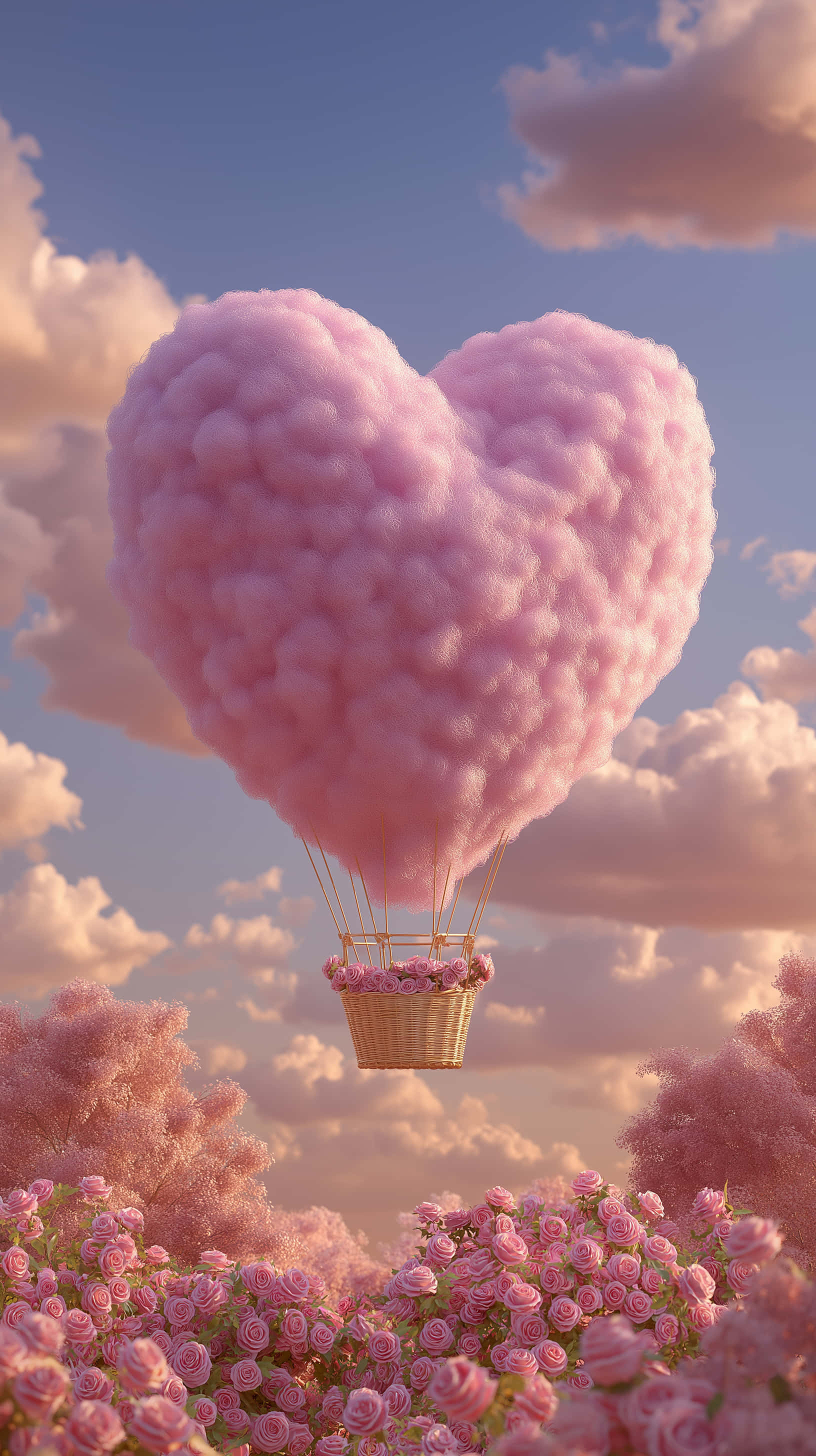pink heart-shaped balloon, cotton candy hot air balloon, field of pink roses, 2K Phone Wallpaper