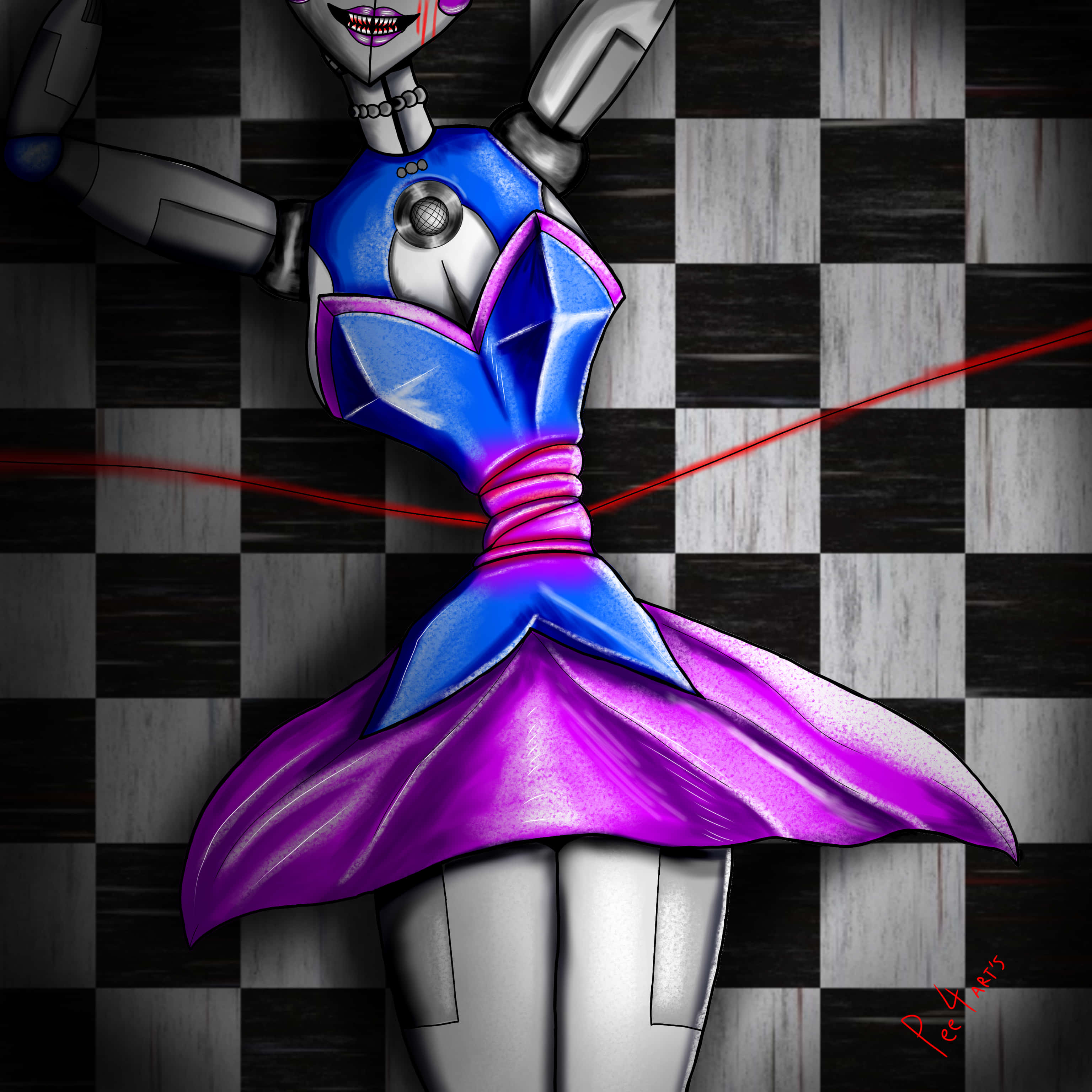 Ballora, blue and purple dress, checkered floor, 2K Desktop Wallpaper