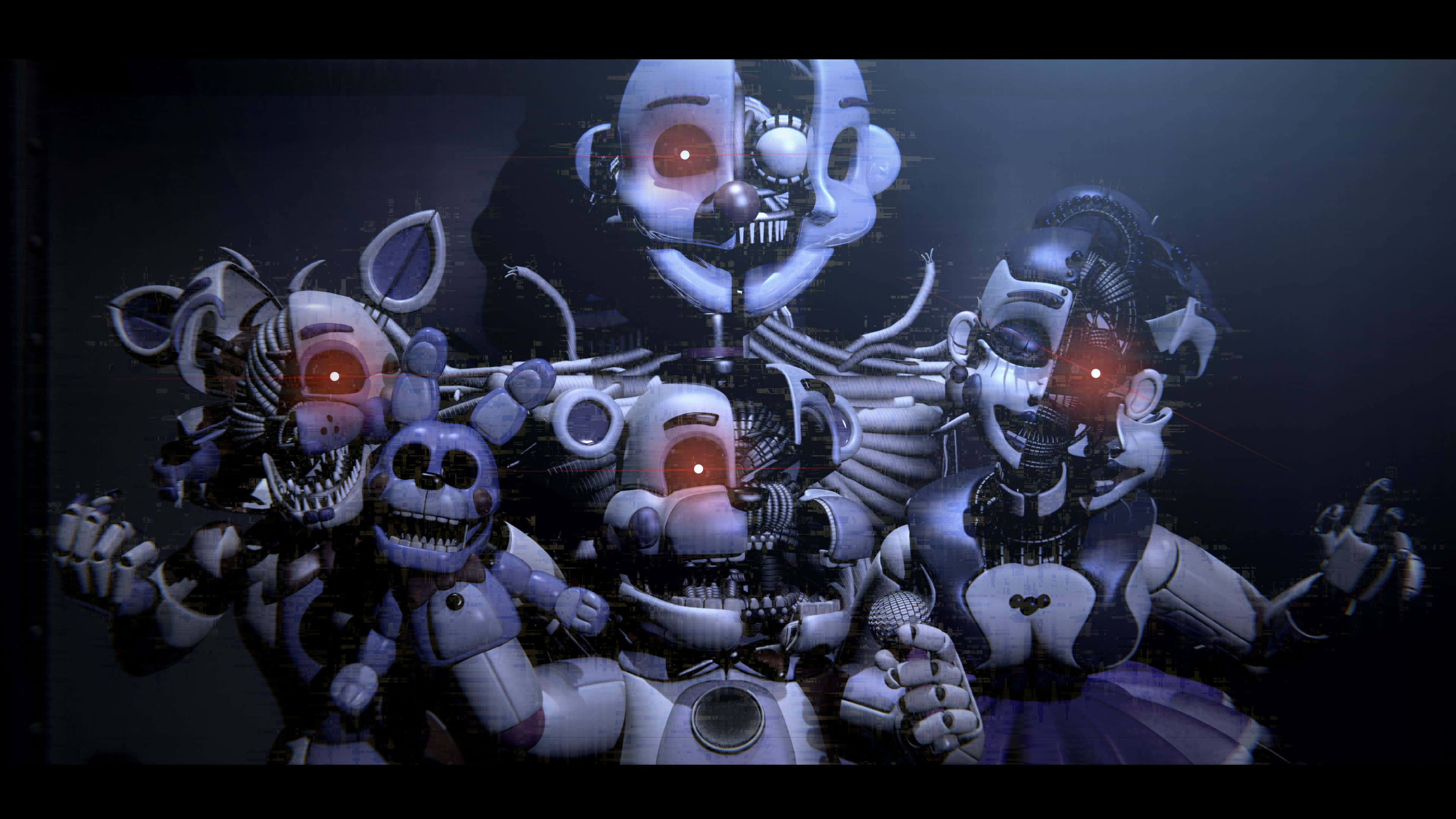 Ballora, glowing red-eyed, exposed wires, 4K Desktop Wallpaper