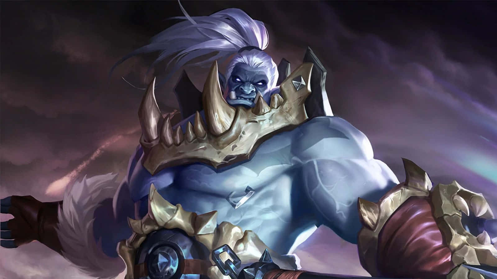 Balmond Mobile Legend, blue-skinned orc warrior, white hair, HD Desktop Wallpaper