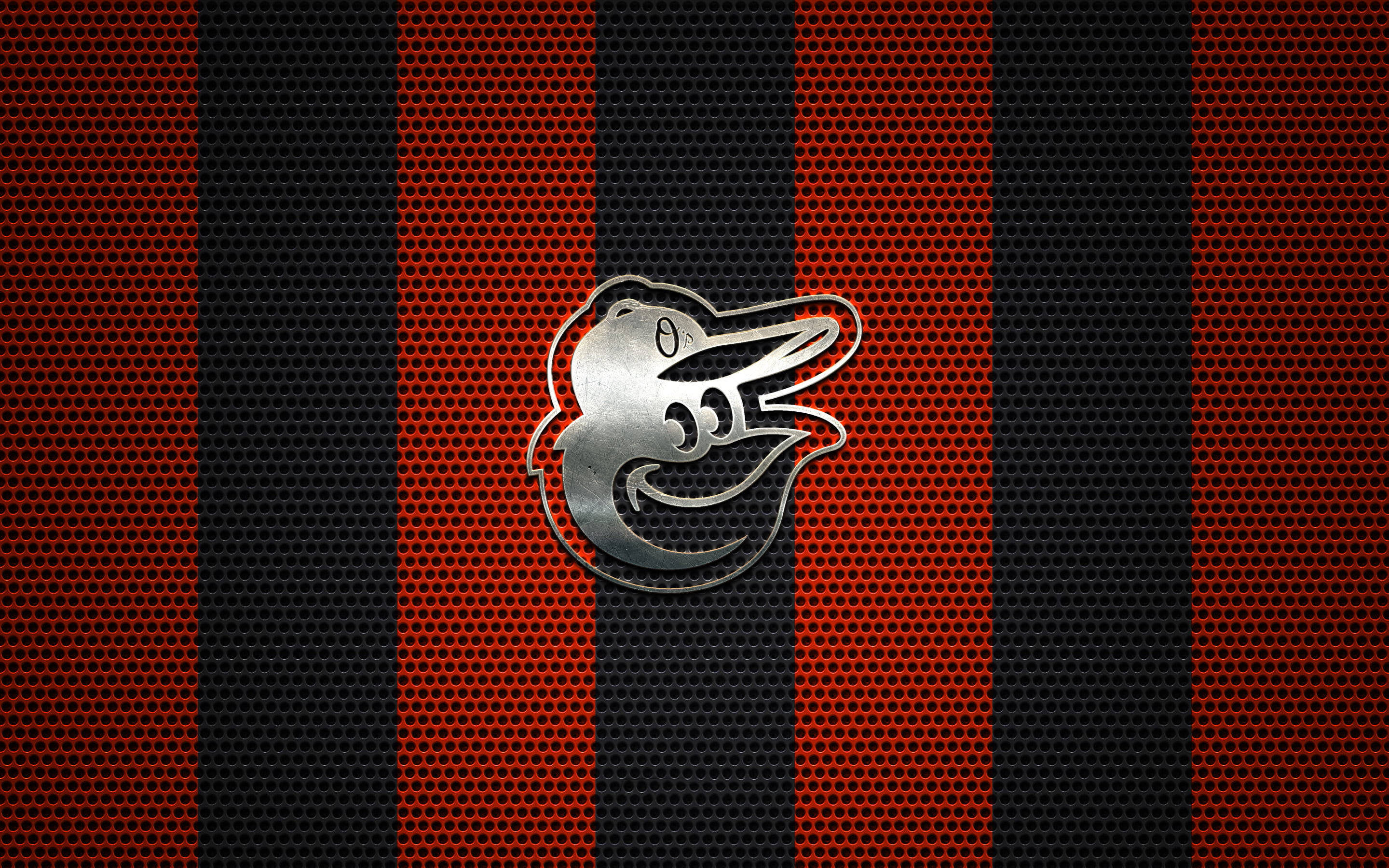 Baltimore Orioles, metallic Baltimore Orioles logo, bold red and black striped, 2K Desktop Wallpaper