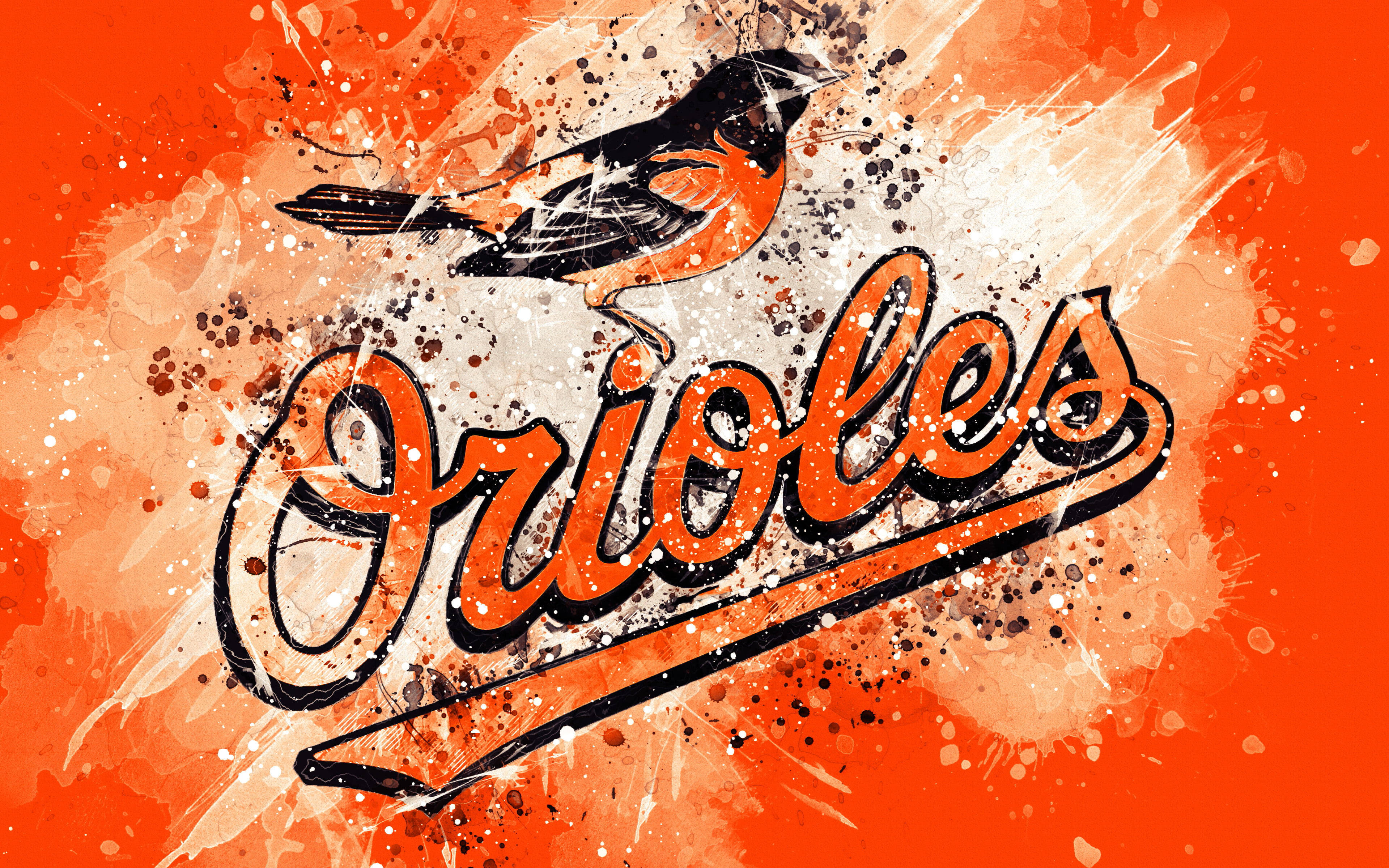 Baltimore Orioles, orange script, splattered orange and white background, 4K Desktop Wallpaper